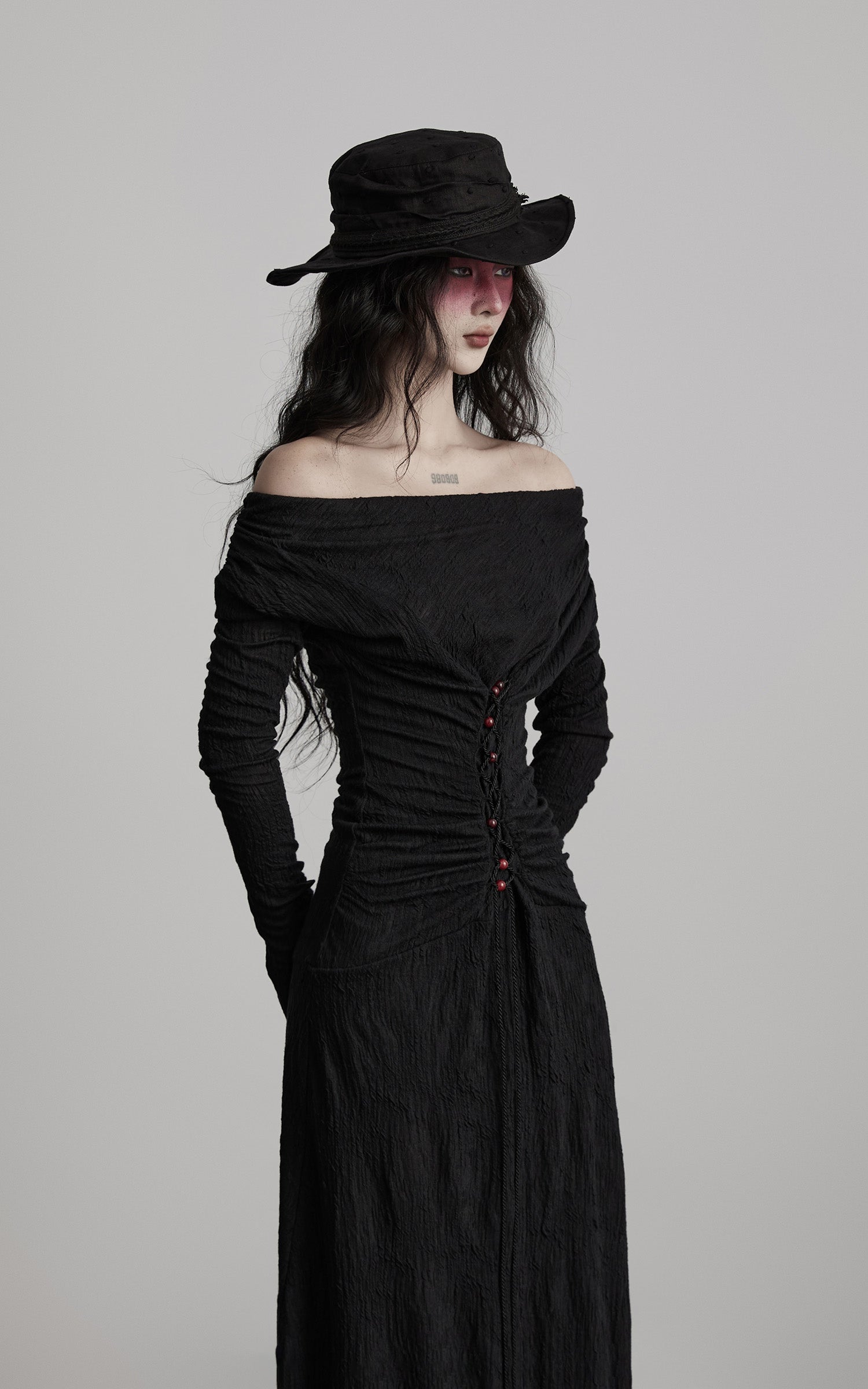 DOINDULGE Textured Ruched Draped Long Dress