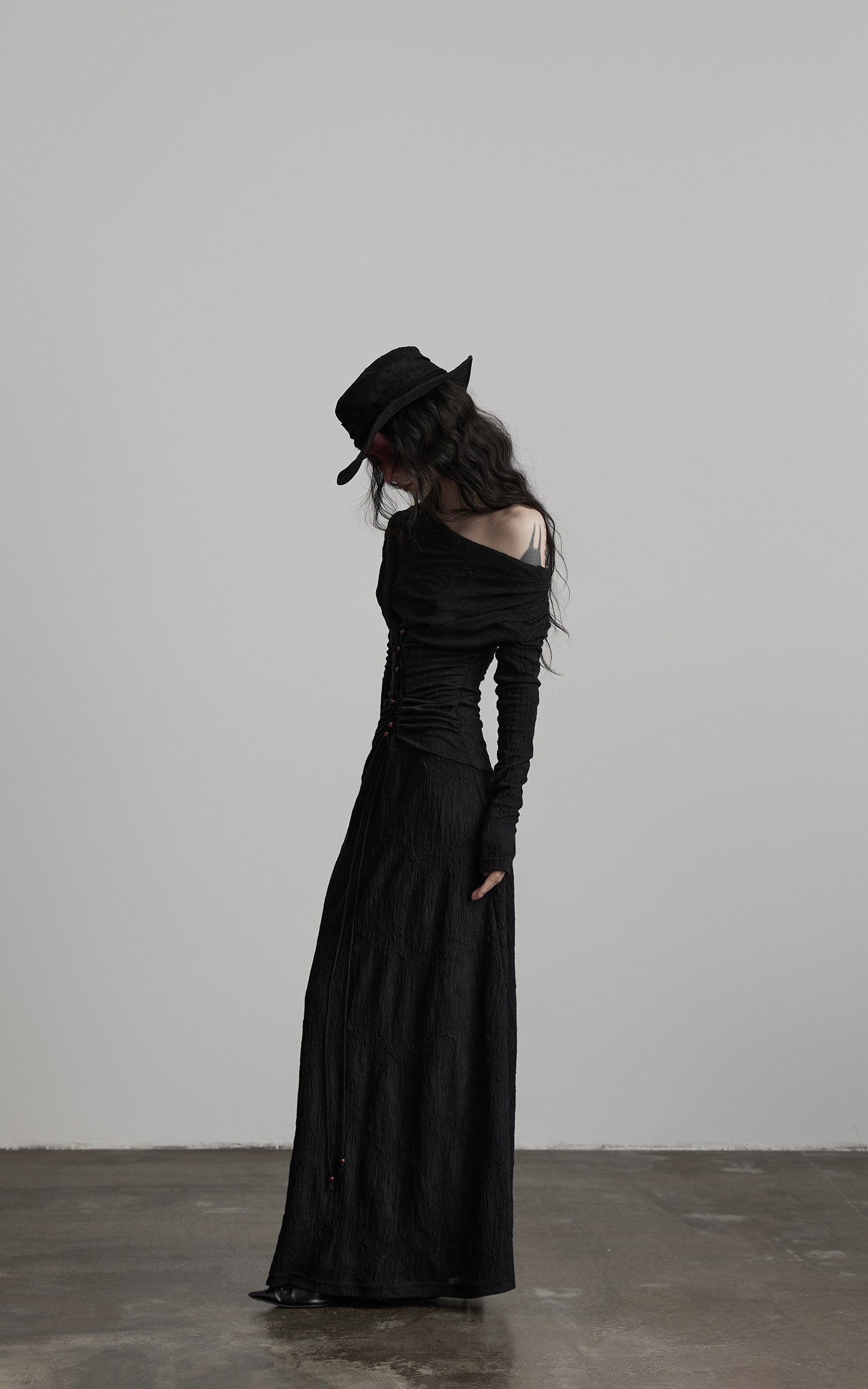 DOINDULGE Textured Ruched Draped Long Dress