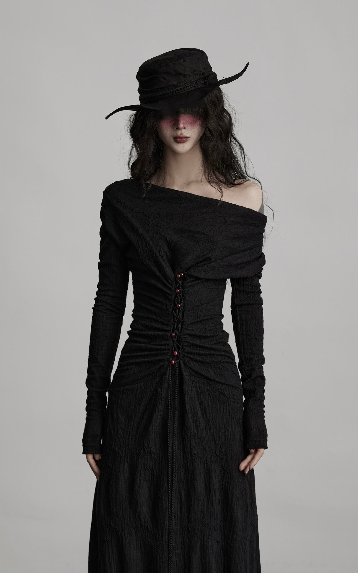 DOINDULGE Textured Ruched Draped Long Dress
