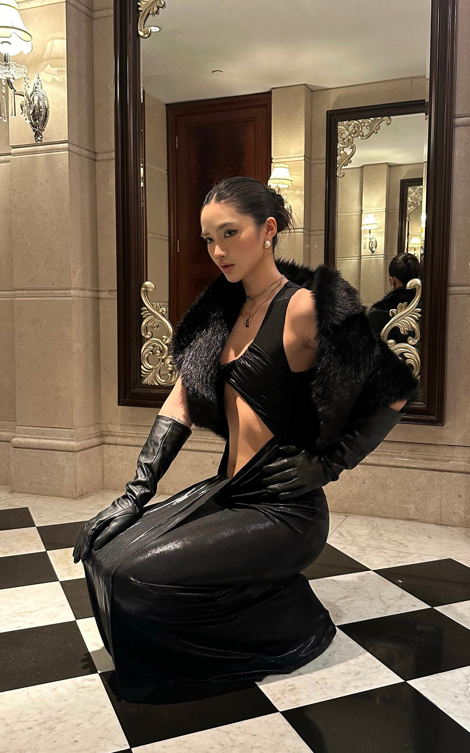 ROVENTE Cutout Draped Metallic Maxi Dress