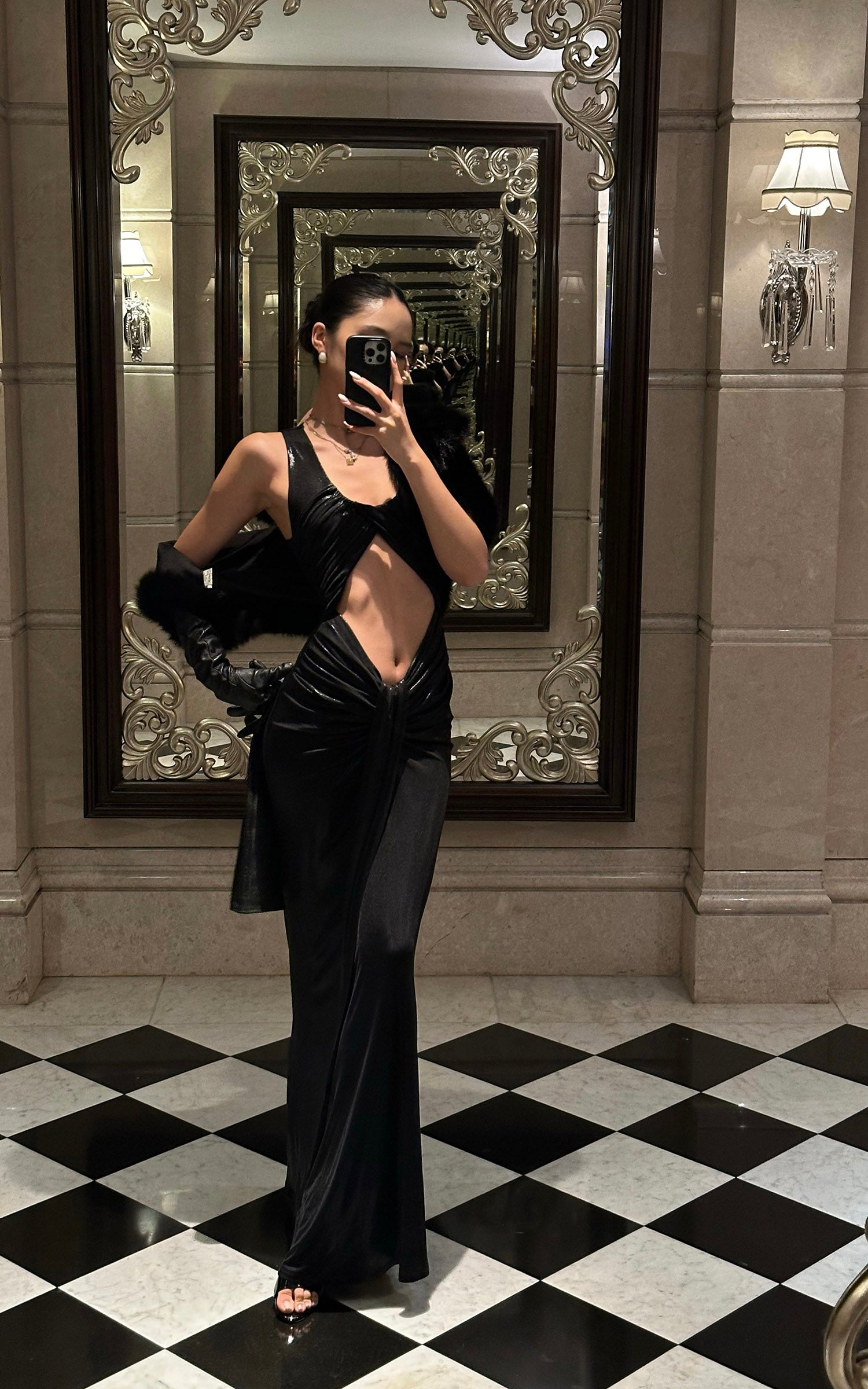 ROVENTE Cutout Draped Metallic Maxi Dress