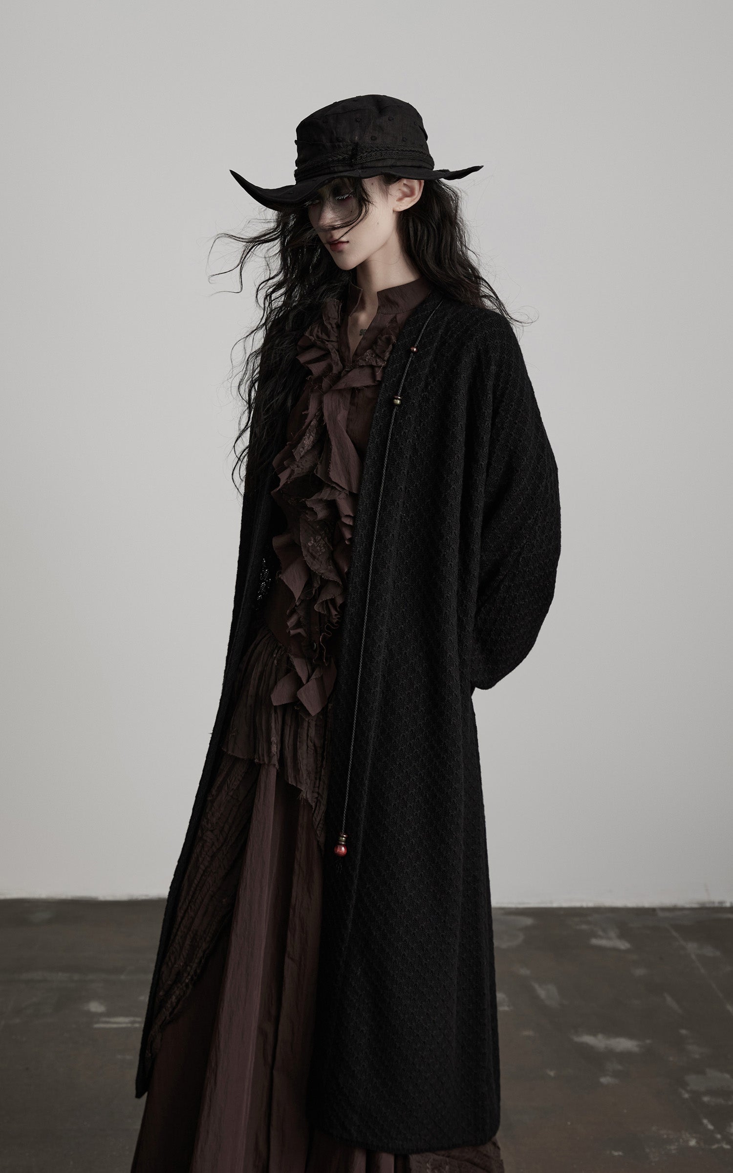 DOINDULGE Textured Knit Long Cardigan with Draped Silhouette