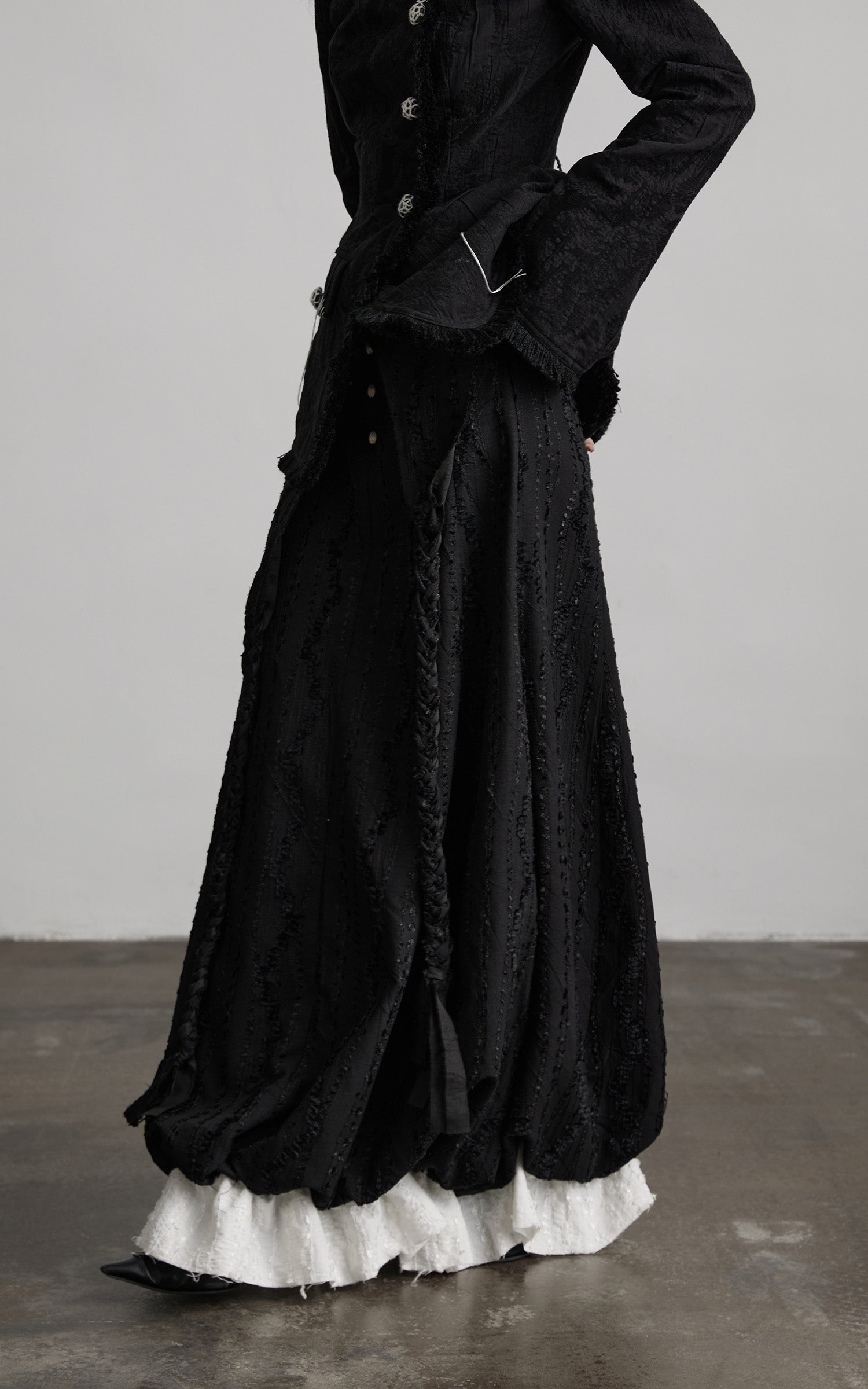 DOINDULGE Textured Layered Maxi Skirt with Braided Details