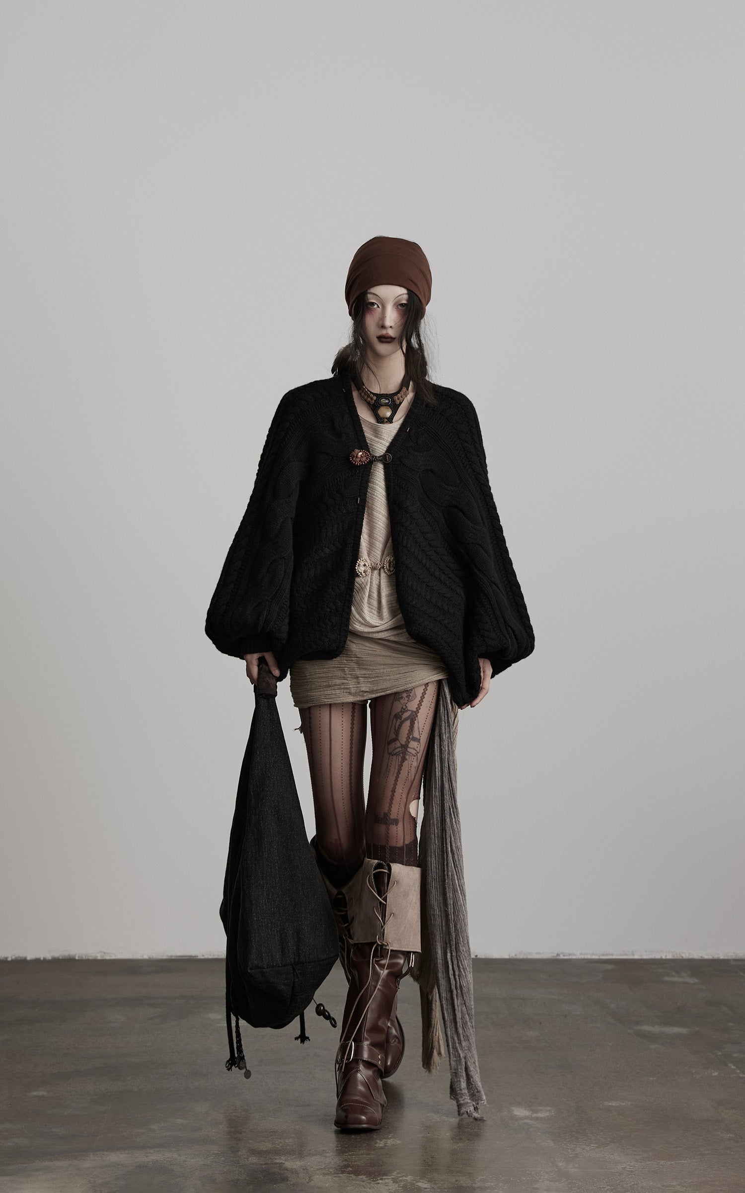 DOINDULGE Sculptural Cable-Knit Cardigan with Oversized Sleeves