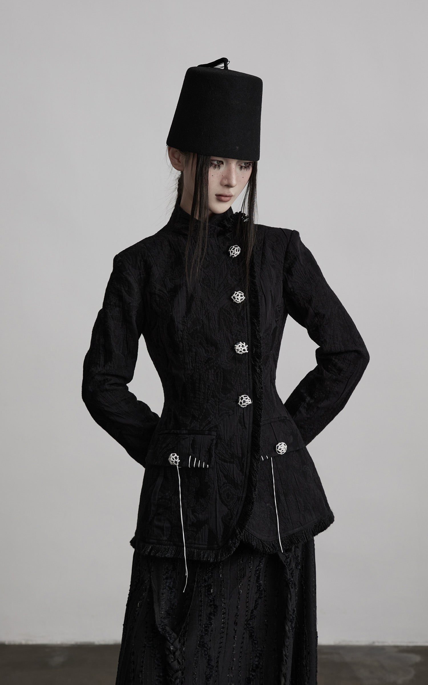 DOINDULGE Structured Textured Blazer with Sculpted Silhouette and Hand-Woven Knot Buttons