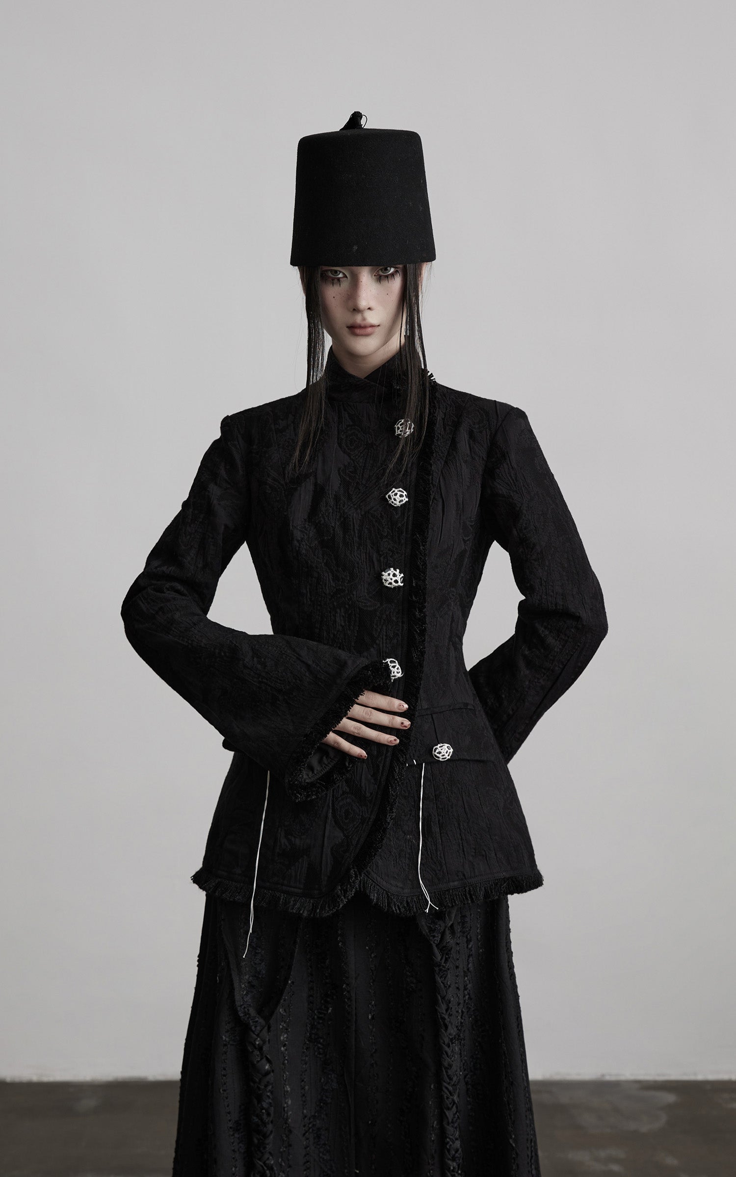 DOINDULGE Structured Textured Blazer with Sculpted Silhouette and Hand-Woven Knot Buttons