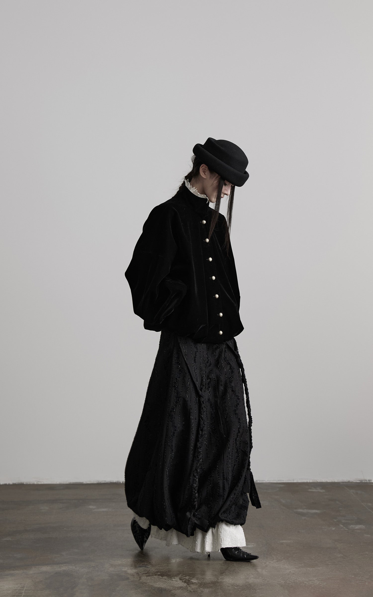 DOINDULGE Velvet Sculpted Jacket with Lace Collar &amp; Antique Buttons