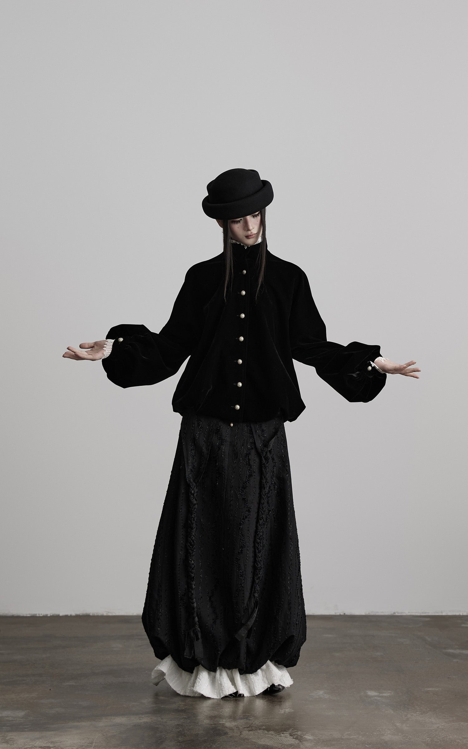 DOINDULGE Velvet Sculpted Jacket with Lace Collar &amp; Antique Buttons