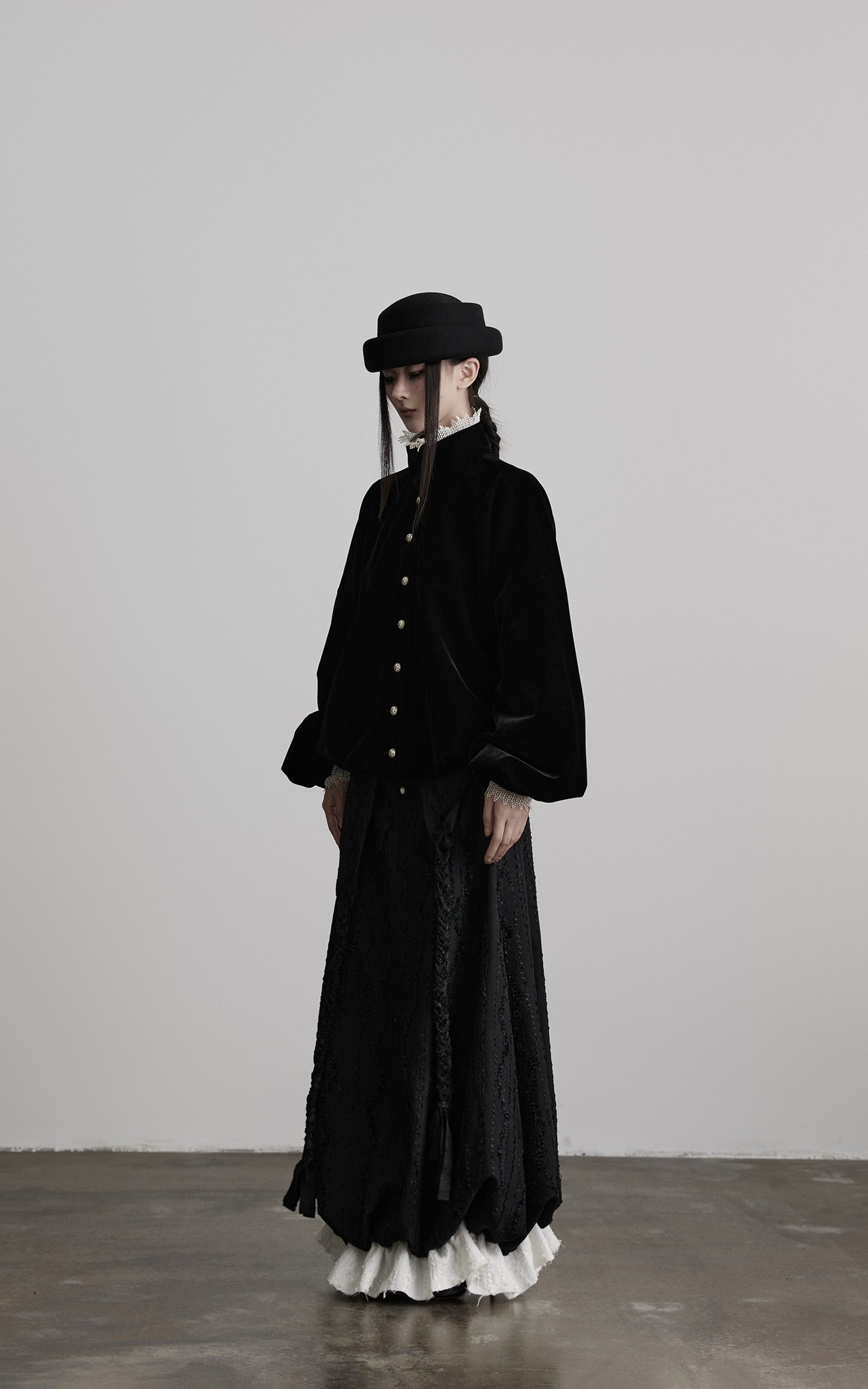 DOINDULGE Velvet Sculpted Jacket with Lace Collar &amp; Antique Buttons