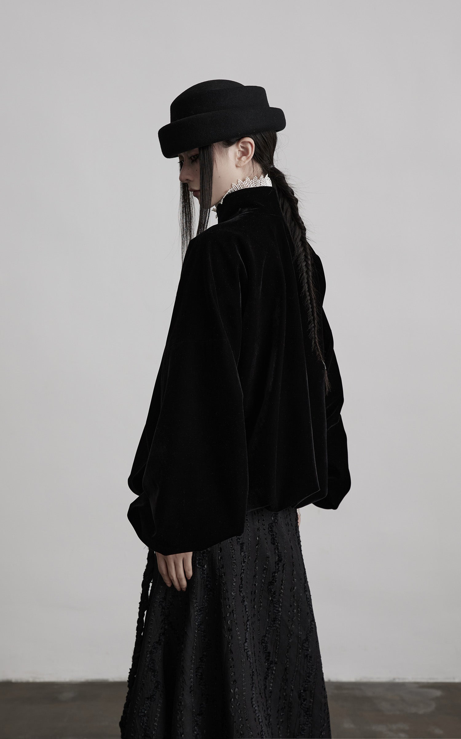 DOINDULGE Velvet Sculpted Jacket with Lace Collar &amp; Antique Buttons