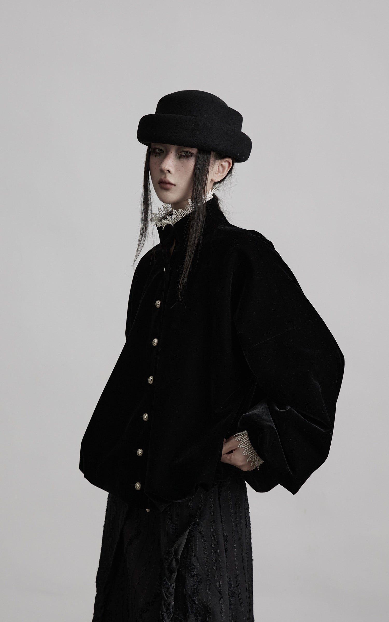 DOINDULGE Velvet Sculpted Jacket with Lace Collar &amp; Antique Buttons