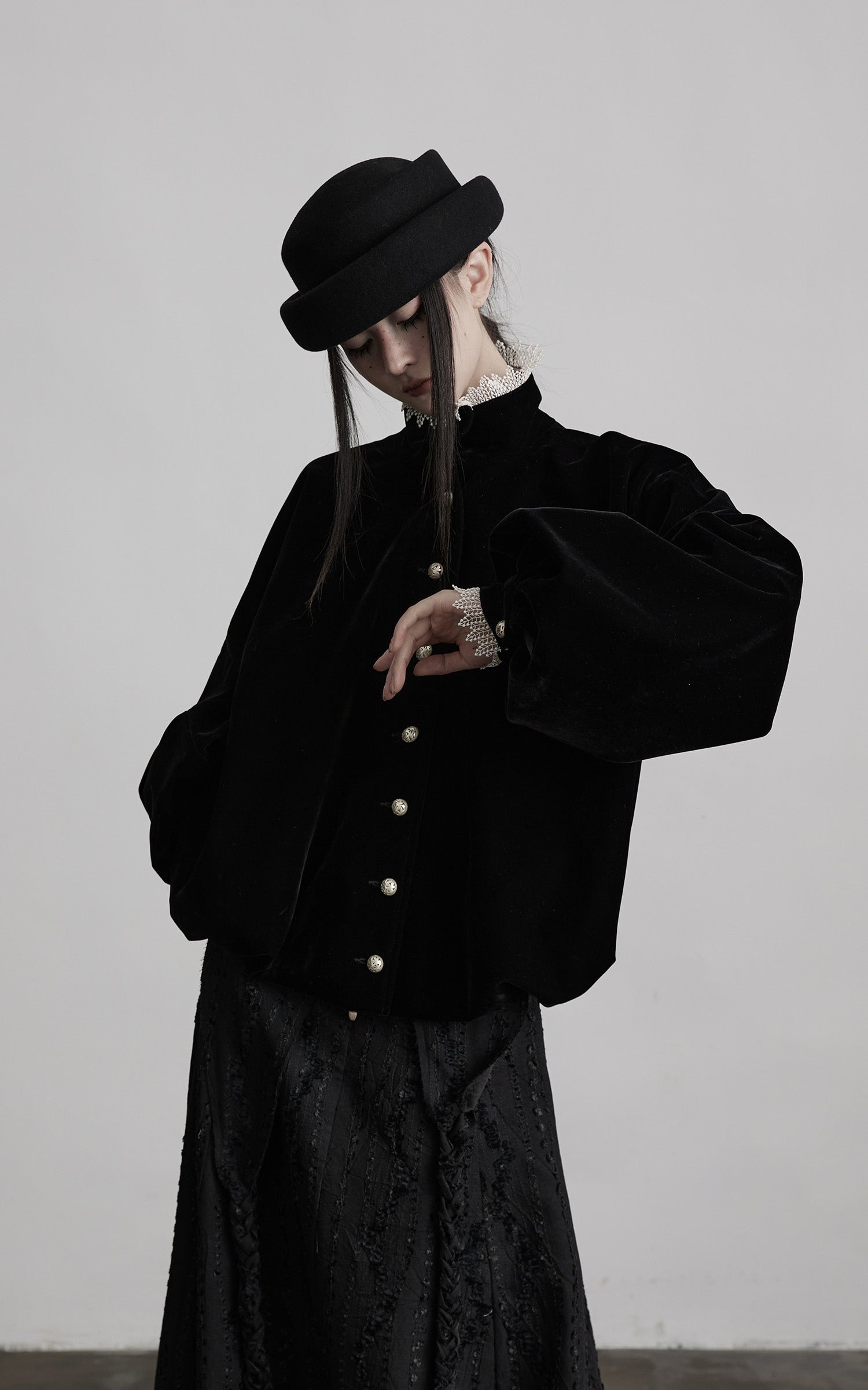 DOINDULGE Velvet Sculpted Jacket with Lace Collar &amp; Antique Buttons
