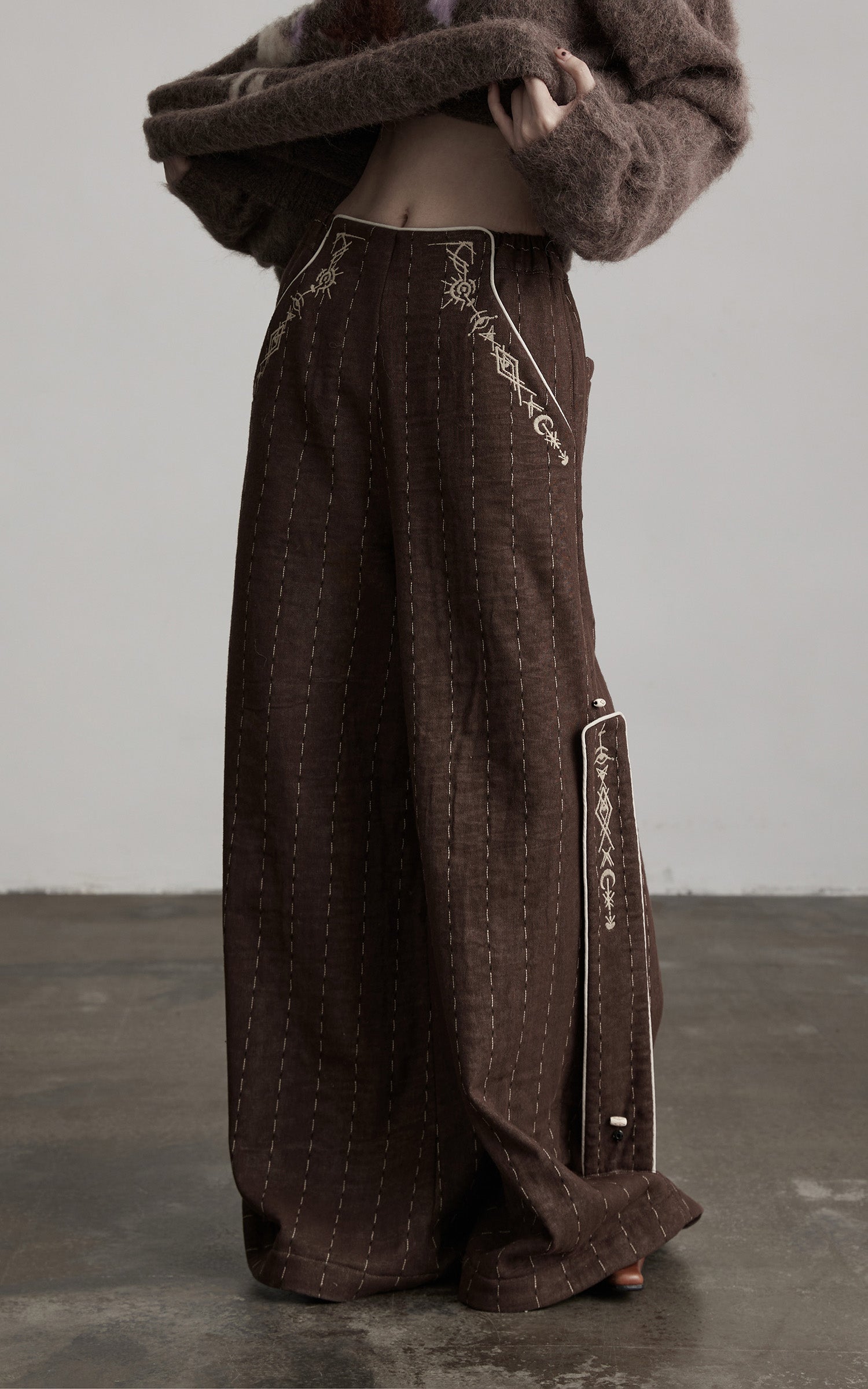 DOINDULGE Structured Embroidered Wide-Leg Trousers