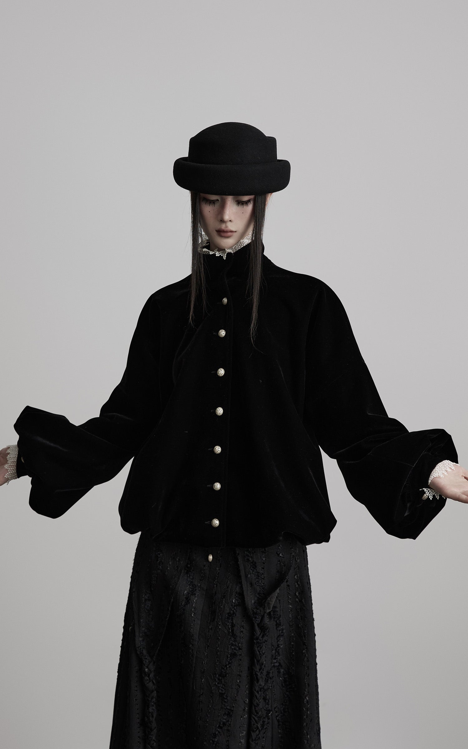 DOINDULGE Velvet Sculpted Jacket with Lace Collar &amp; Antique Buttons