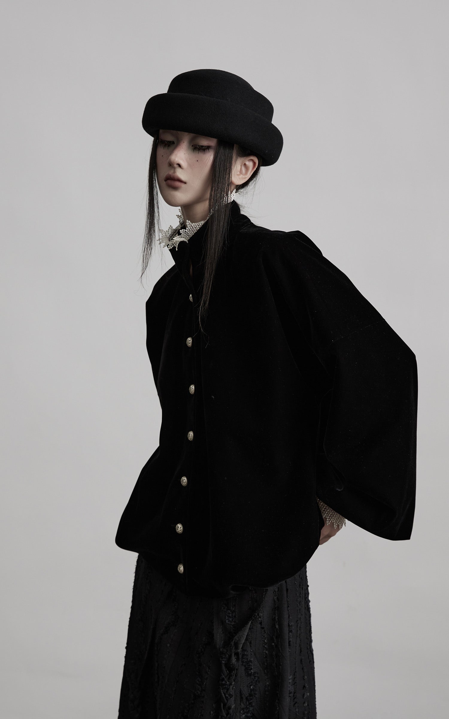 DOINDULGE Velvet Sculpted Jacket with Lace Collar &amp; Antique Buttons