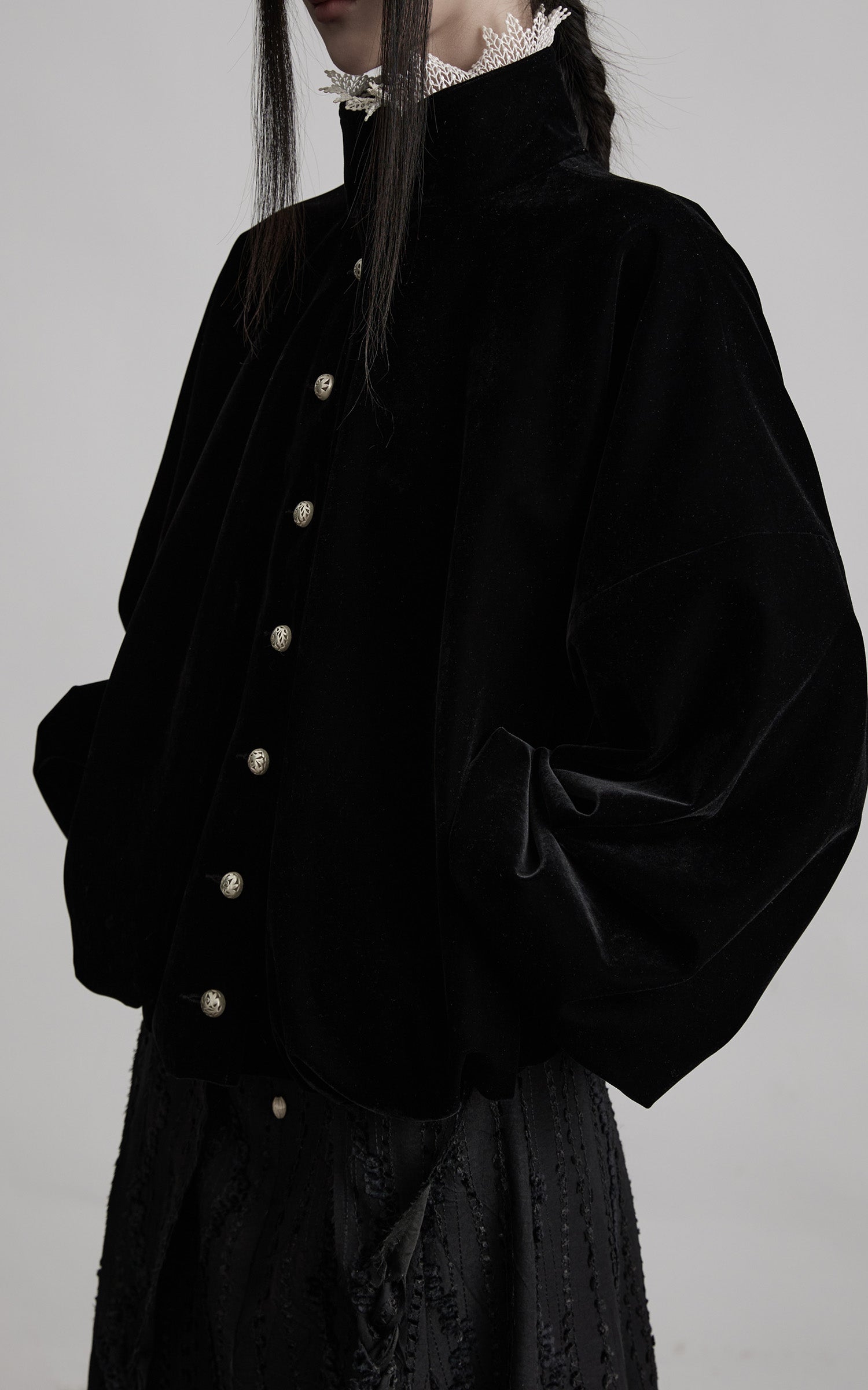 DOINDULGE Velvet Sculpted Jacket with Lace Collar &amp; Antique Buttons