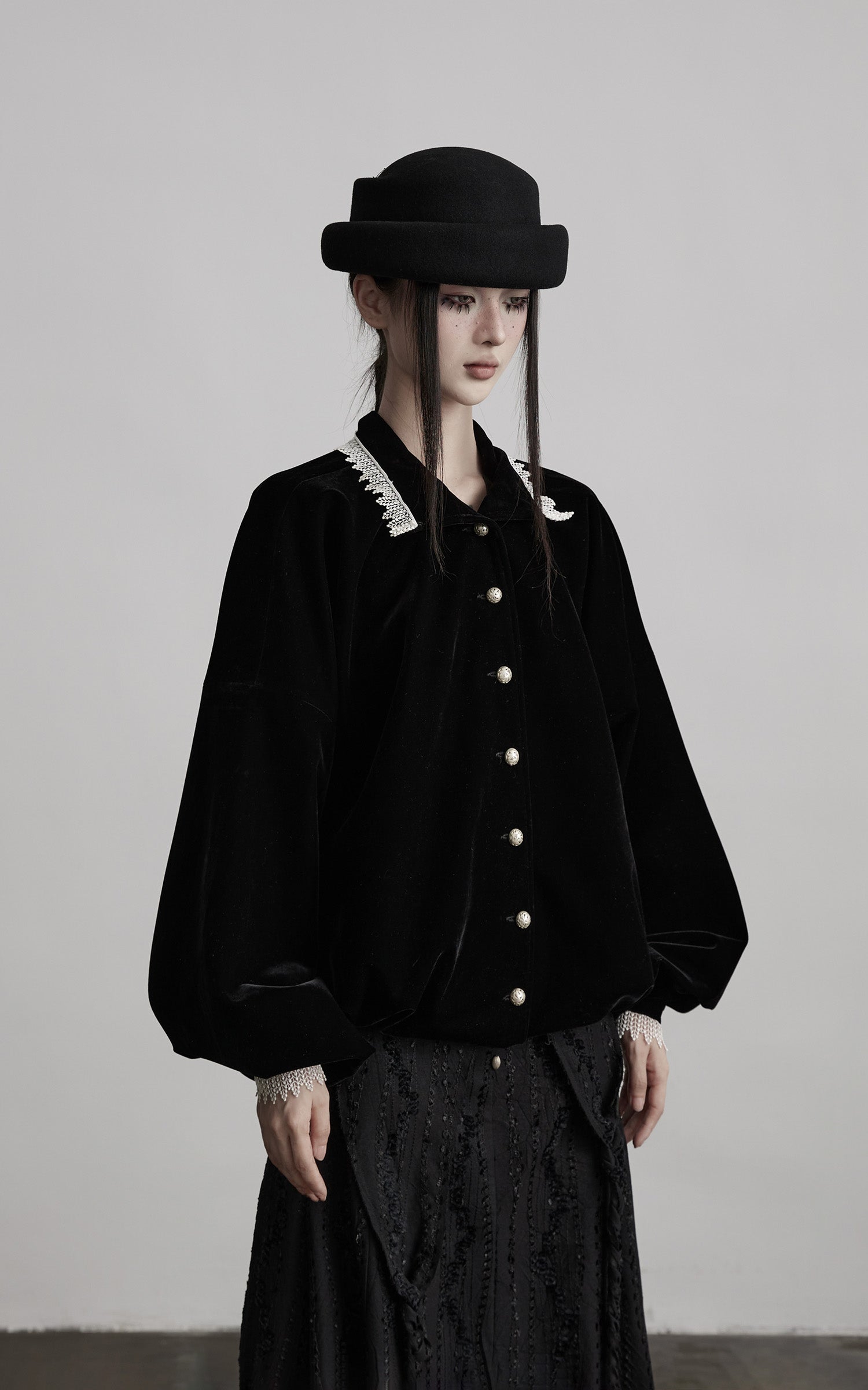 DOINDULGE Velvet Sculpted Jacket with Lace Collar &amp; Antique Buttons