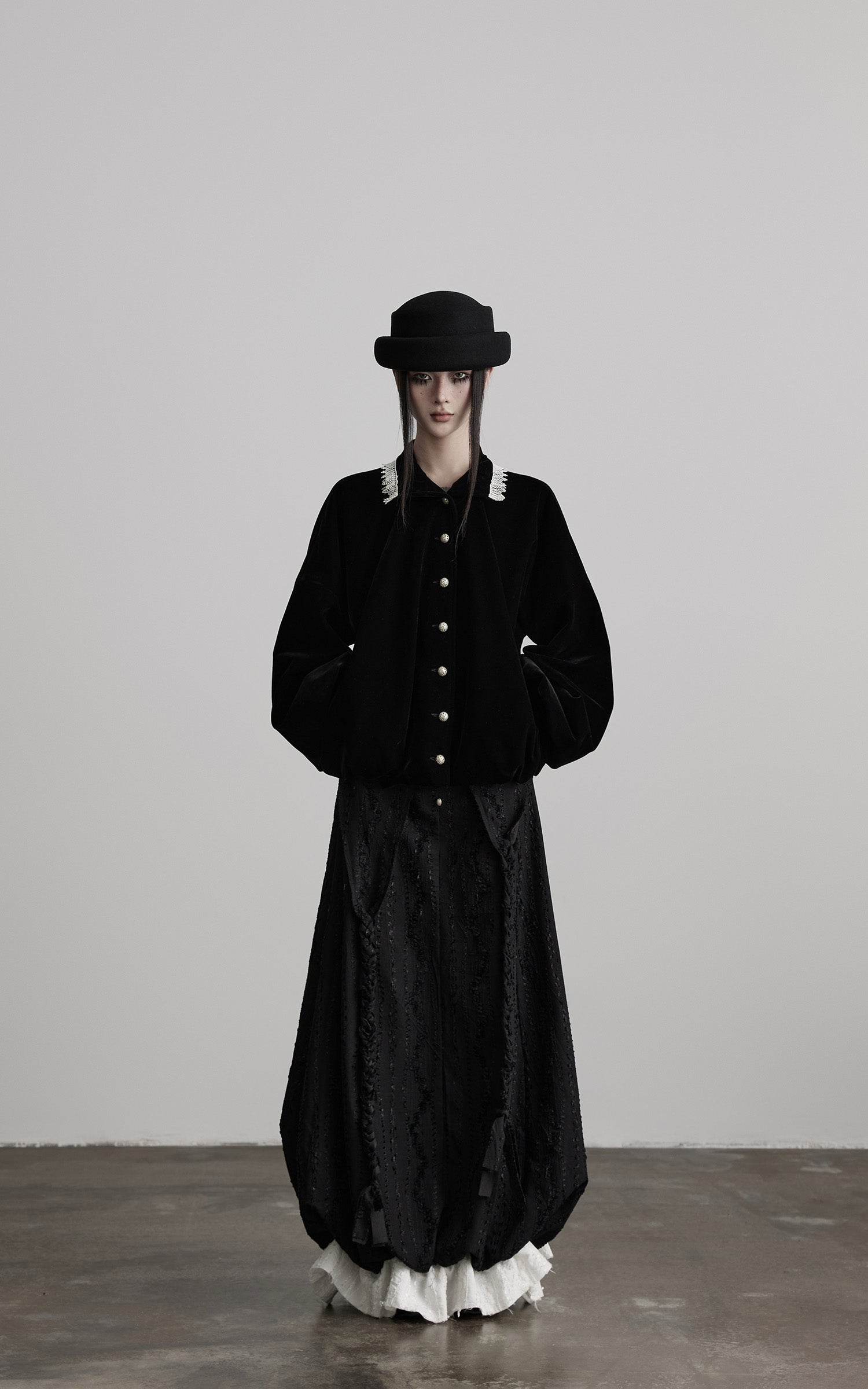 DOINDULGE Velvet Sculpted Jacket with Lace Collar &amp; Antique Buttons