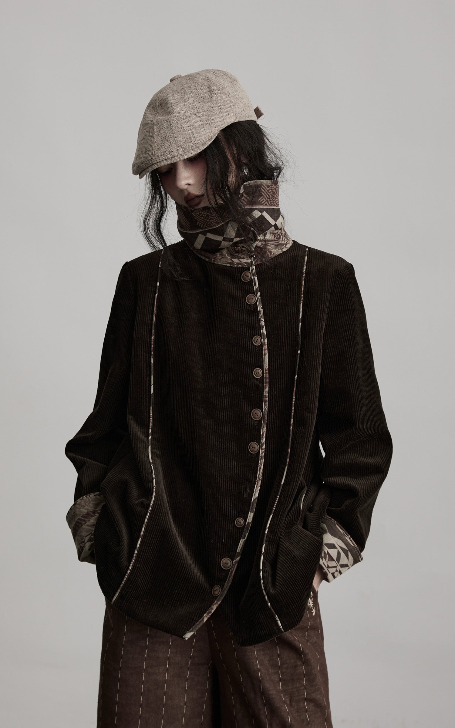DOINDULGE Structured Corduroy Jacket with Asymmetric Button Line