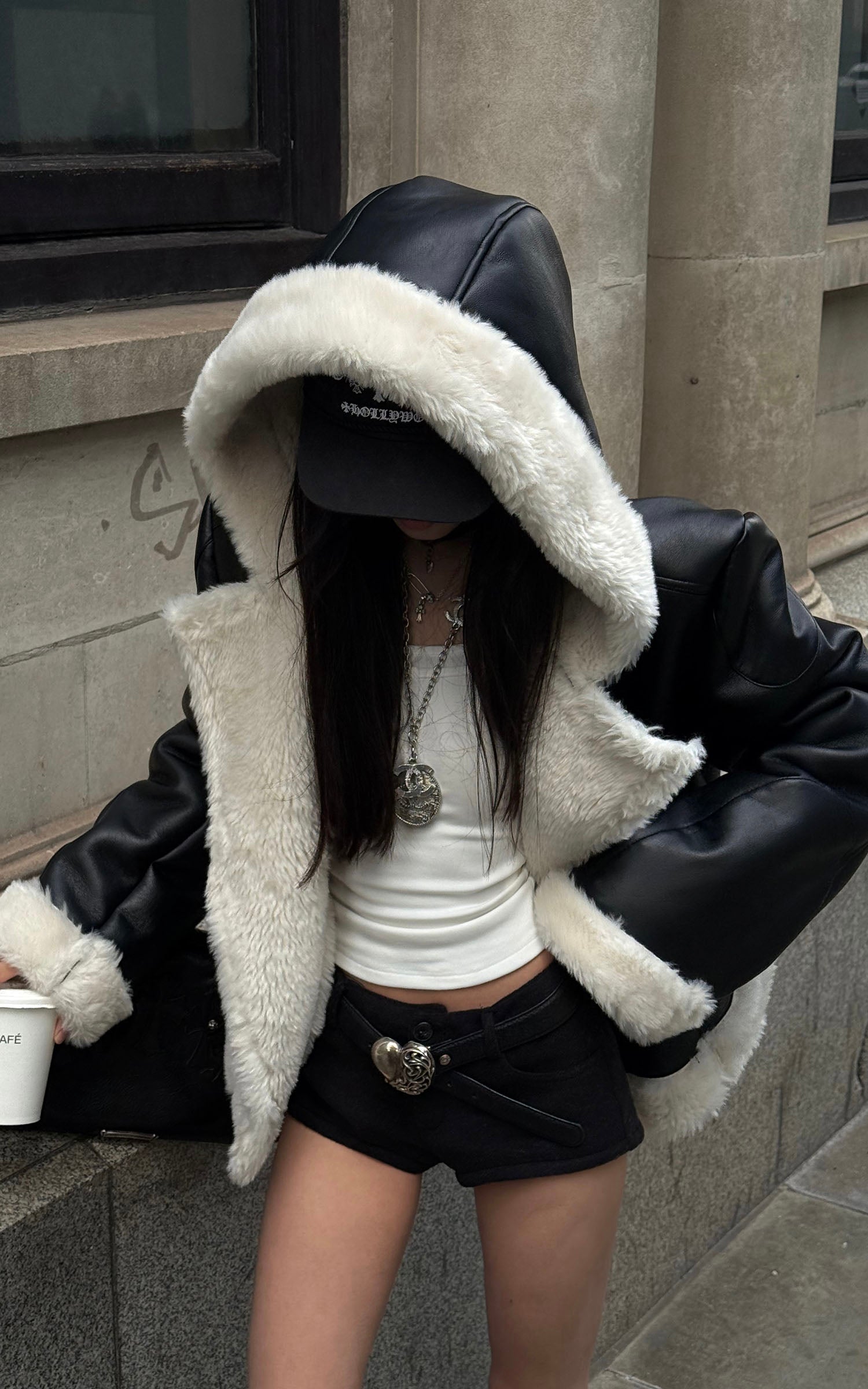 WARDEN EDGE フェイクシアリング クロップドフードジャケット