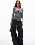 IAMXIAA Pantalon large structuré à jambes larges avec détail de rabat de poche