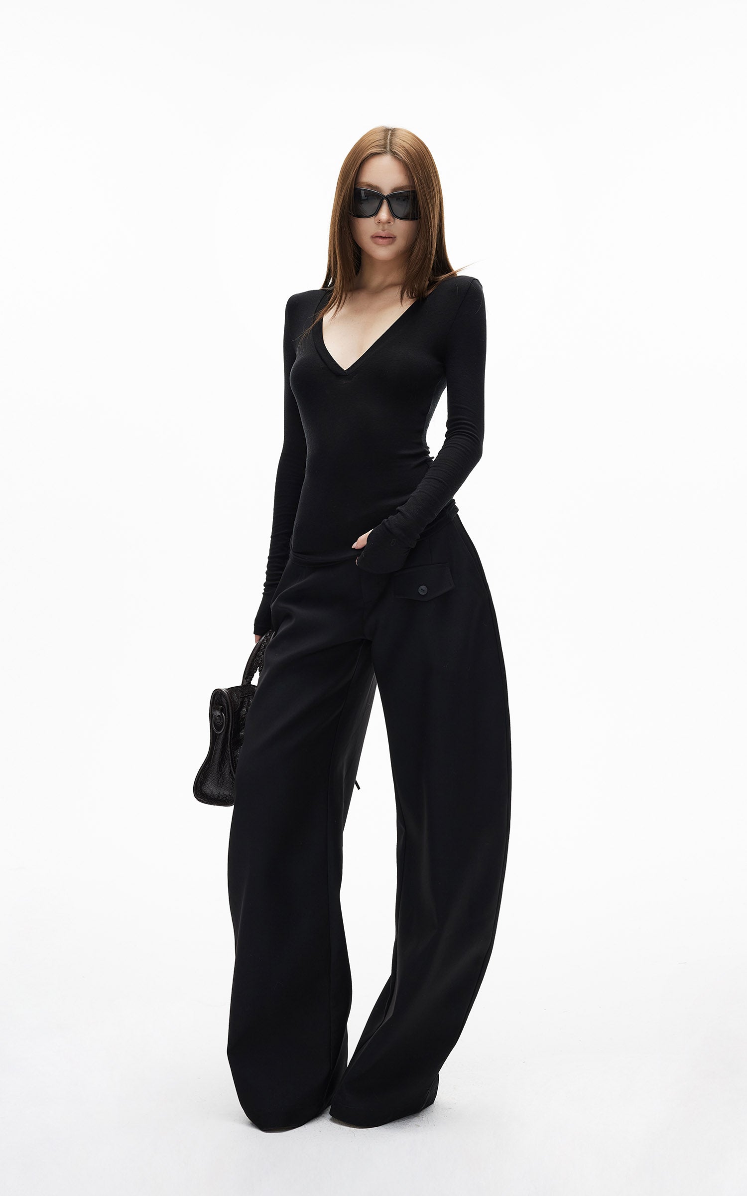 IAMXIAA Haut ajusté à manches longues et col en V profond