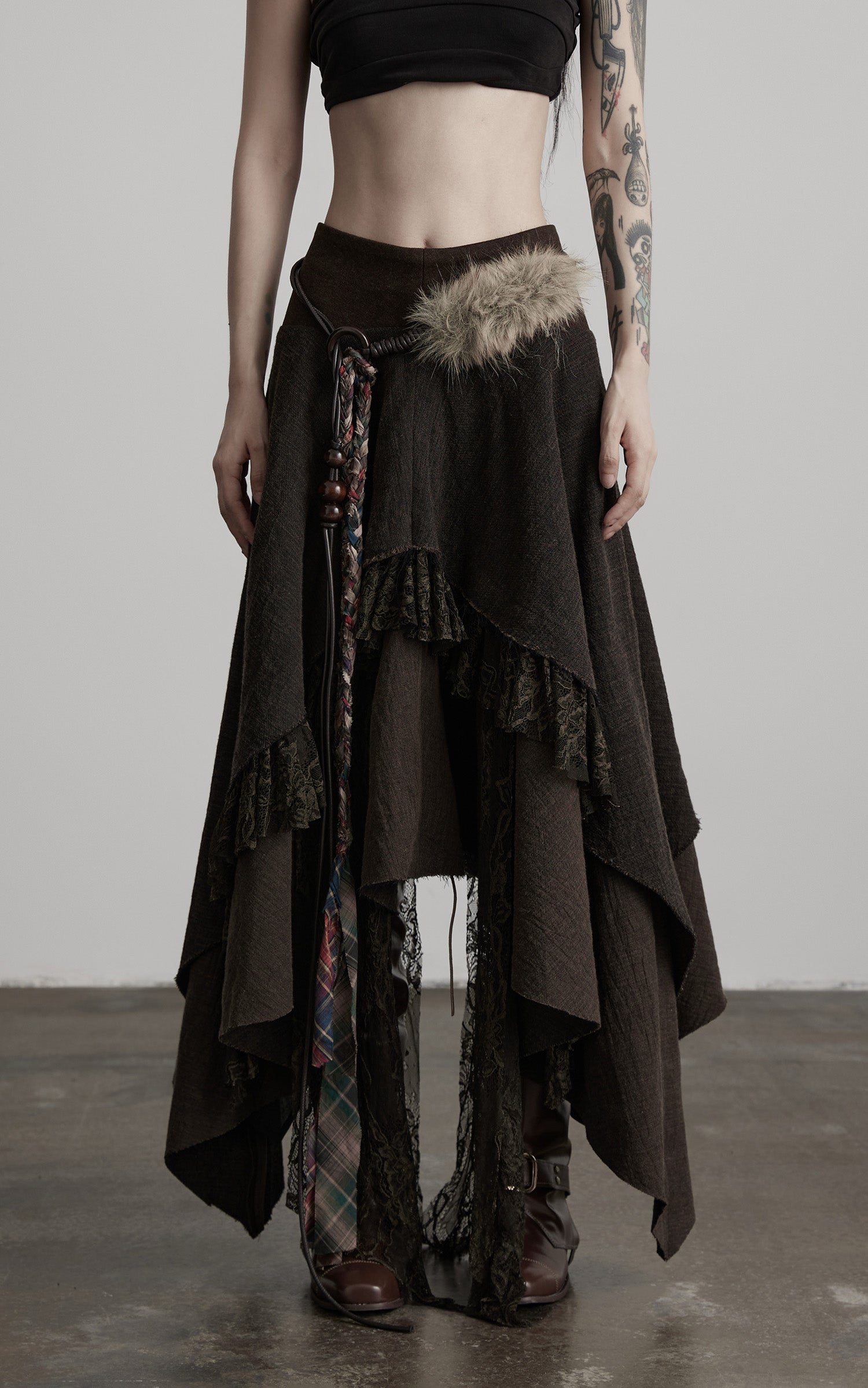 DOINDULGE Layered Asymmetric Skirt with Braided Belt and Fur Accent
