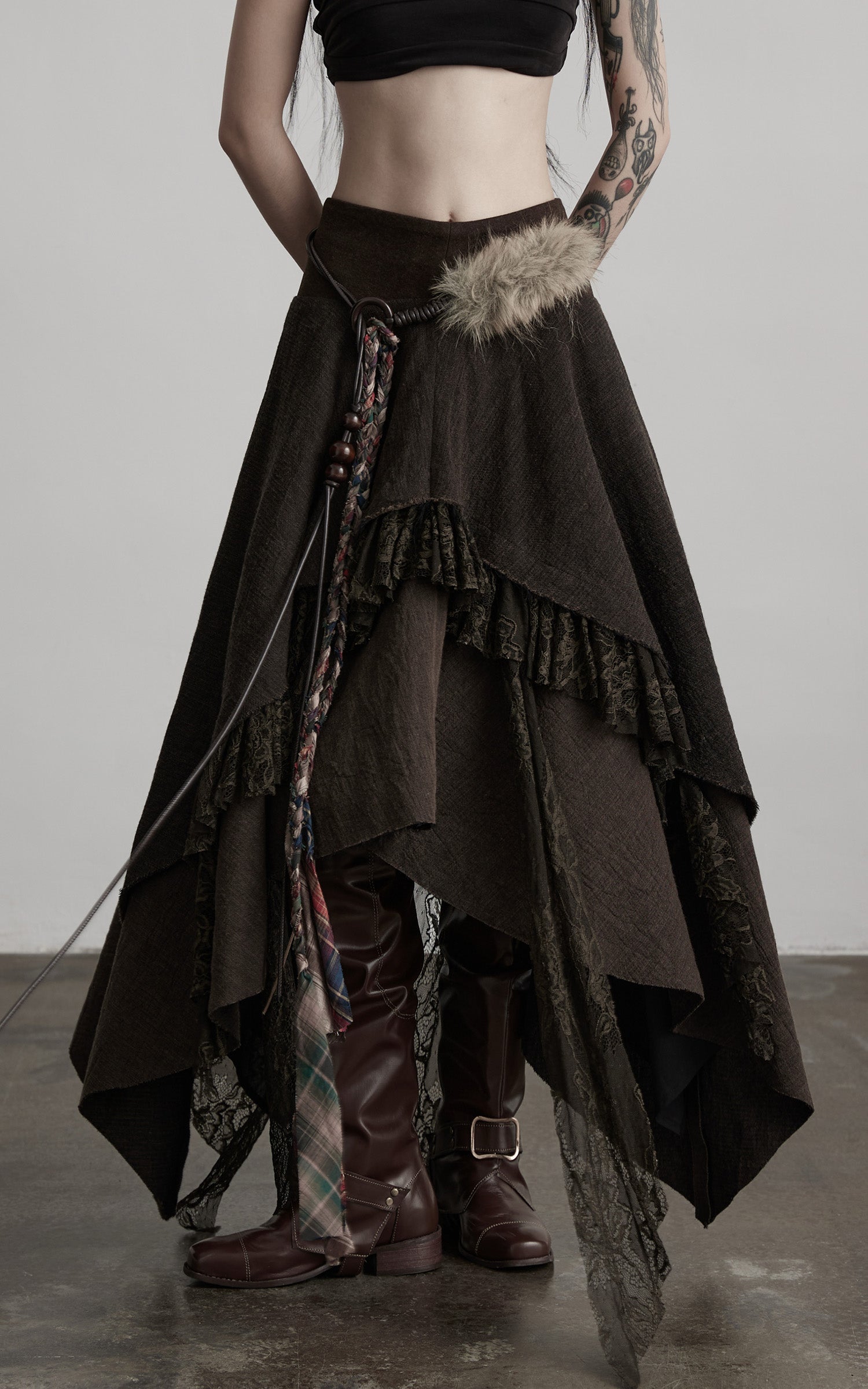 DOINDULGE Layered Asymmetric Skirt with Braided Belt and Fur Accent