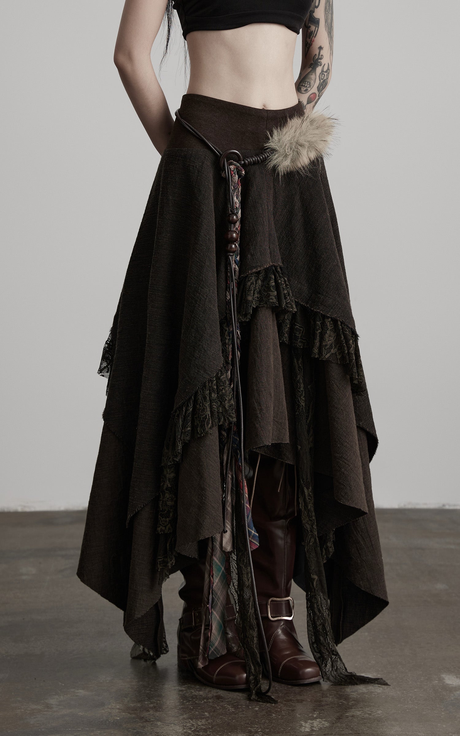 DOINDULGE Layered Asymmetric Skirt with Braided Belt and Fur Accent