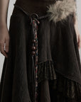DOINDULGE Layered Asymmetric Skirt with Braided Belt and Fur Accent