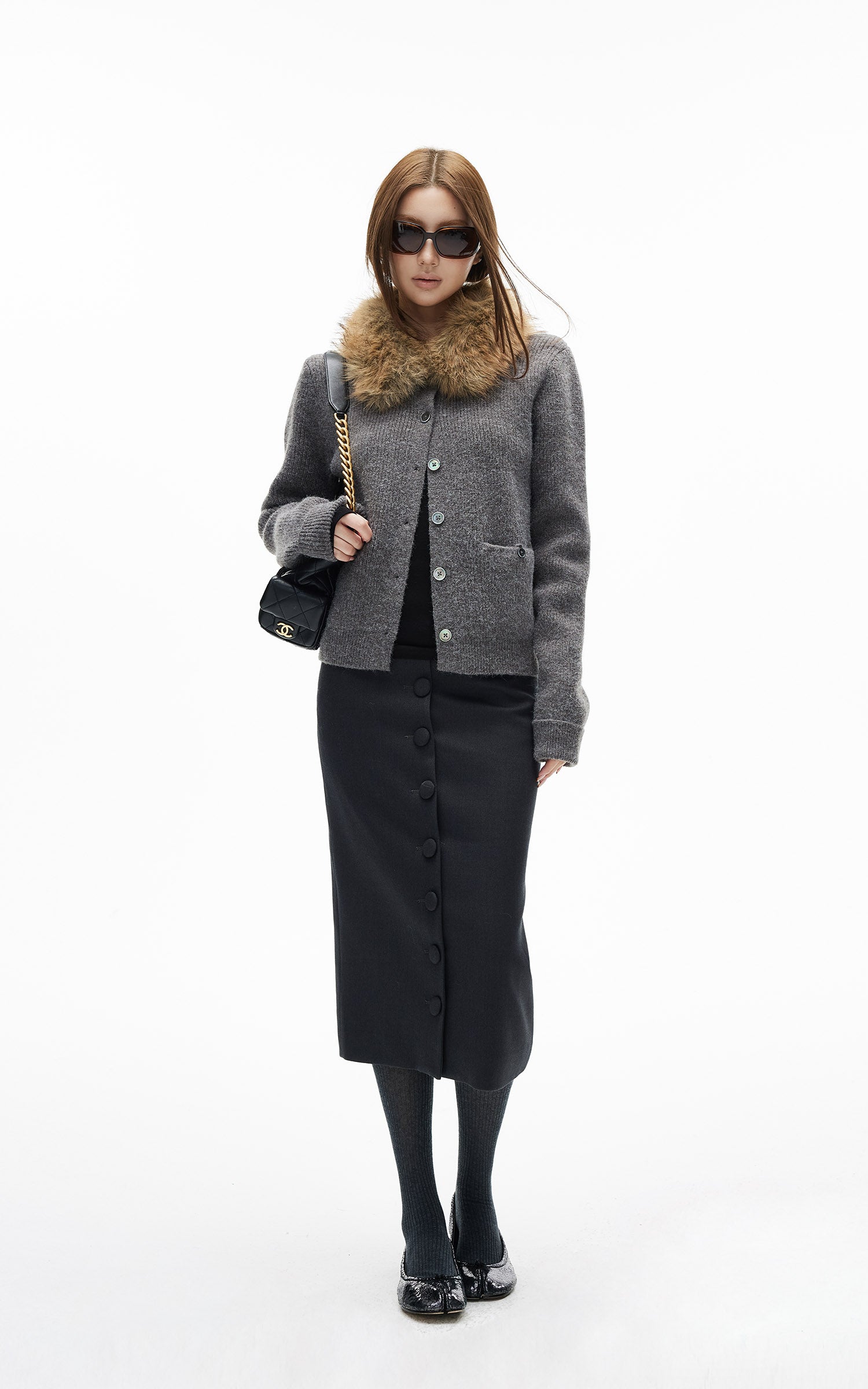 IAMXIAA ボタンフロントミディペンシルスカート、テーラードシルエット付き