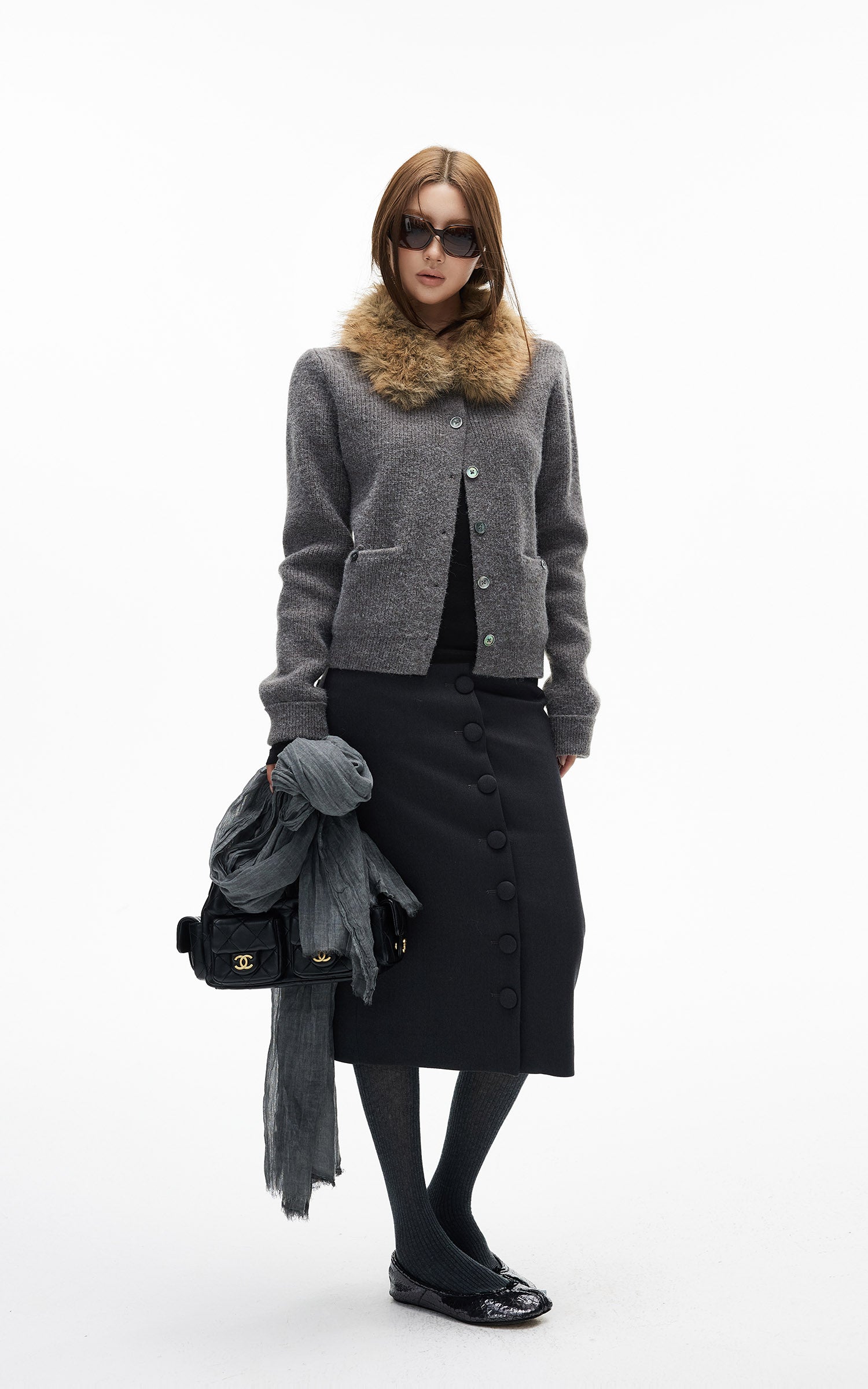 IAMXIAA ボタンフロントミディペンシルスカート、テーラードシルエット付き