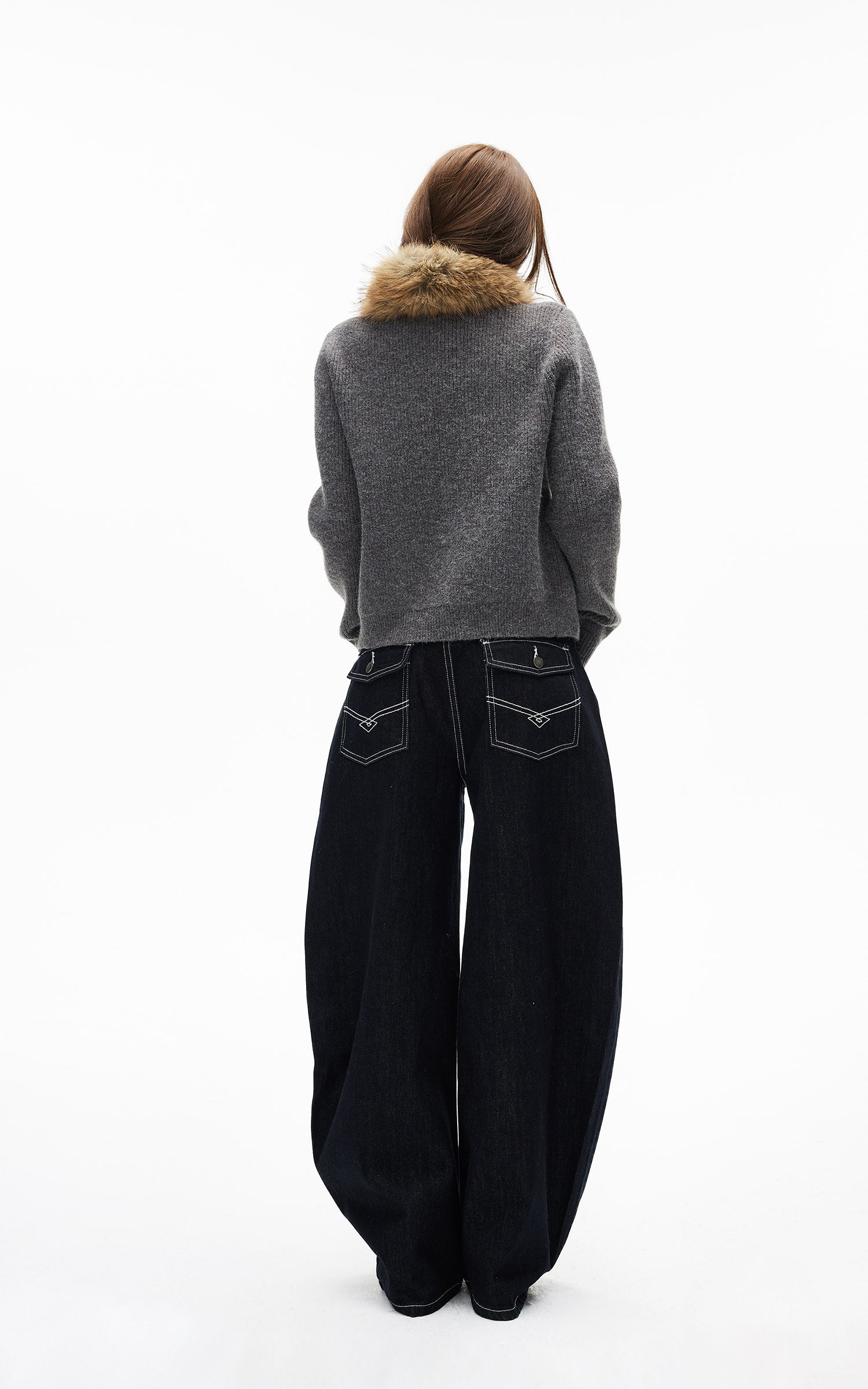 IAMXIAA ダブルバックポケット付きコントラストステッチワイドレッグデニムジーンズ