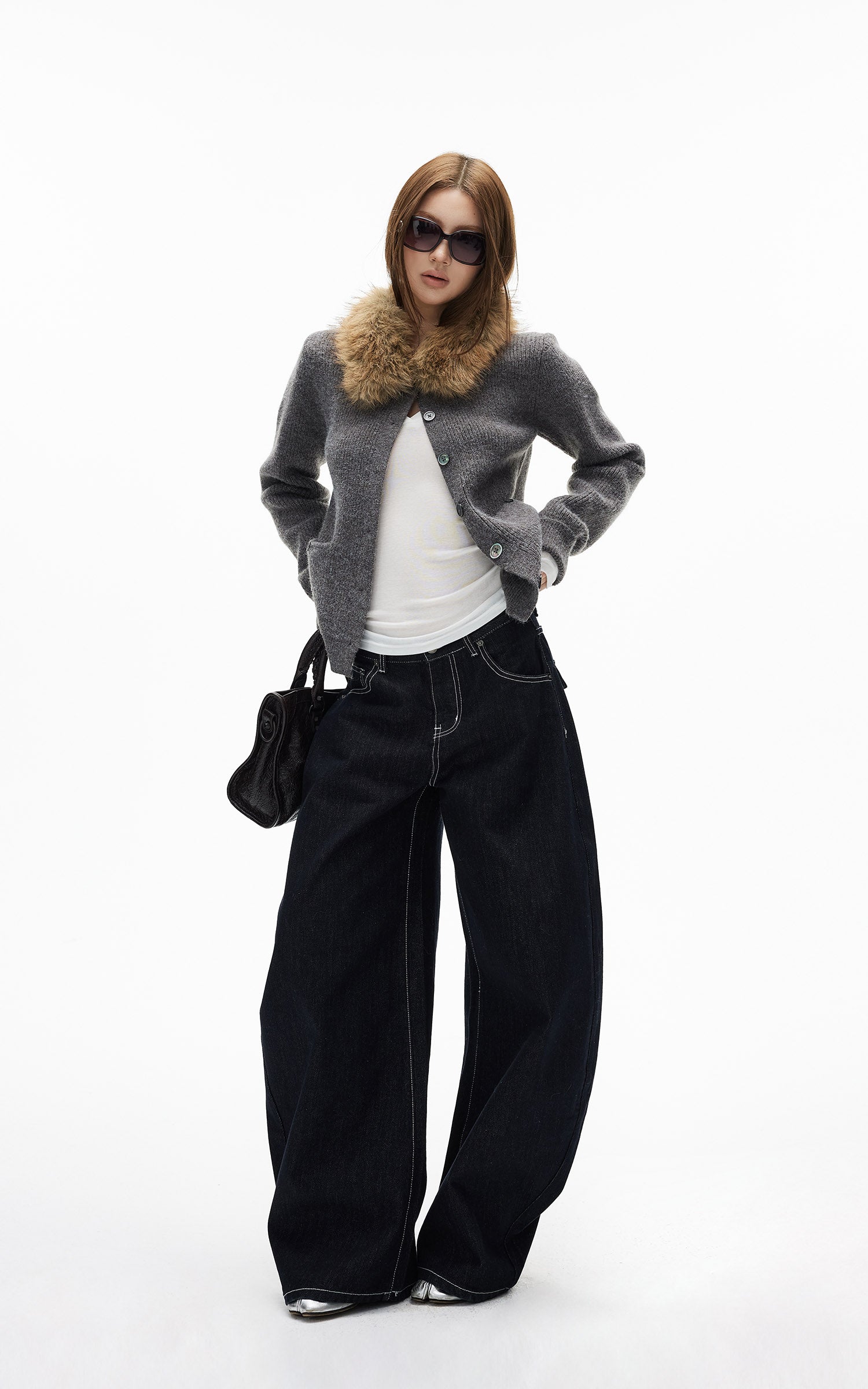 IAMXIAA ダブルバックポケット付きコントラストステッチワイドレッグデニムジーンズ