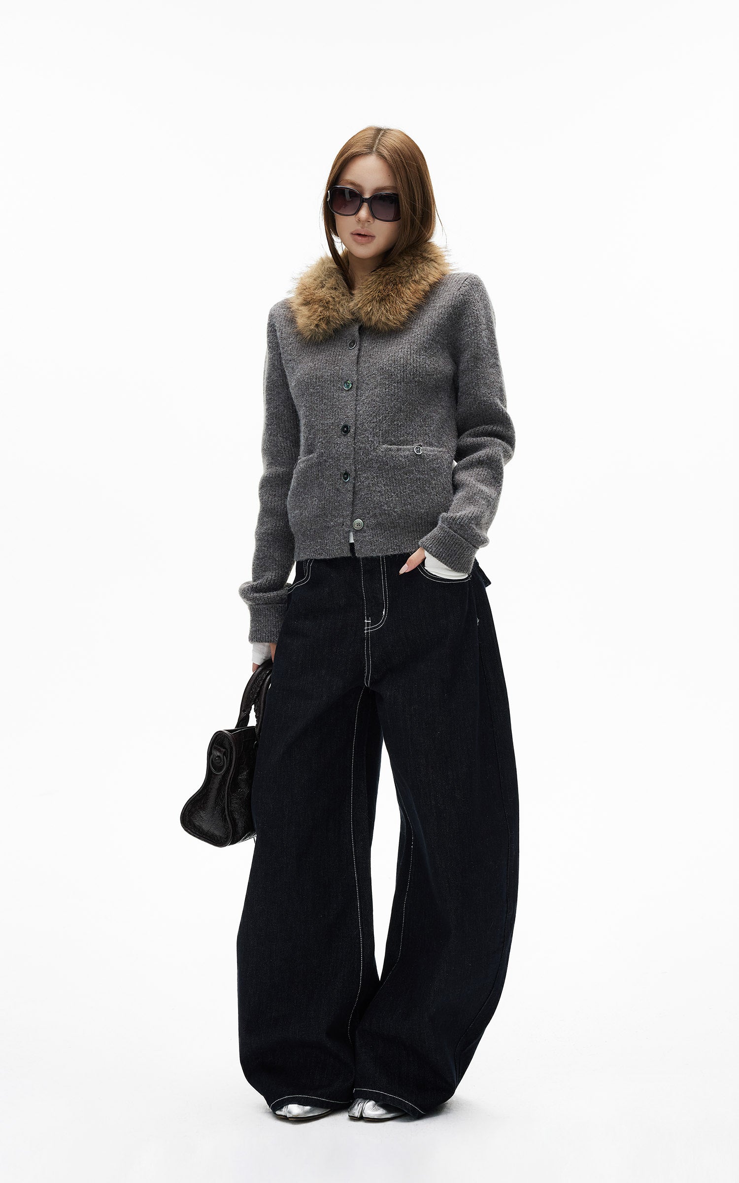 IAMXIAA Jean large en denim à surpiqûres contrastées avec doubles poches arrière