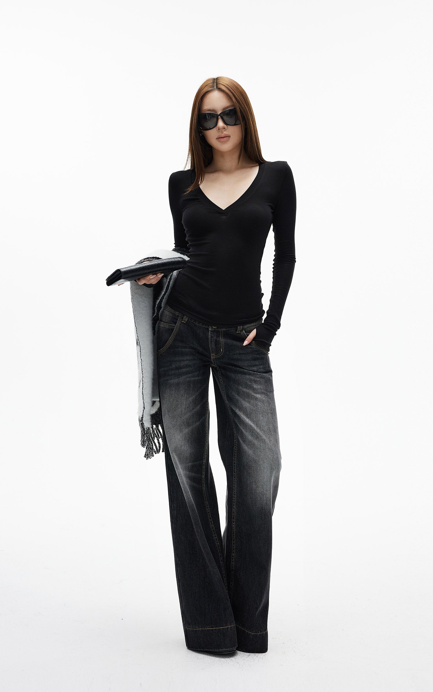 IAMXIAA Haut ajusté à manches longues et col en V profond