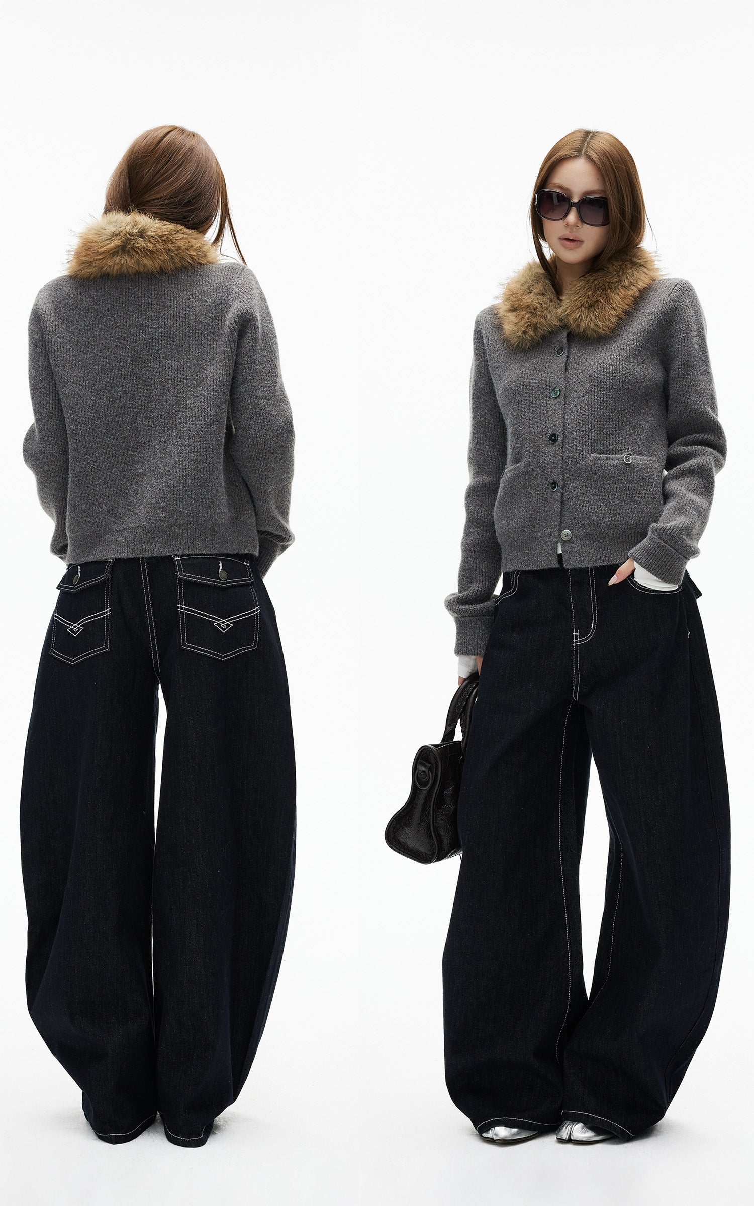 IAMXIAA Jean large en denim à surpiqûres contrastées avec doubles poches arrière