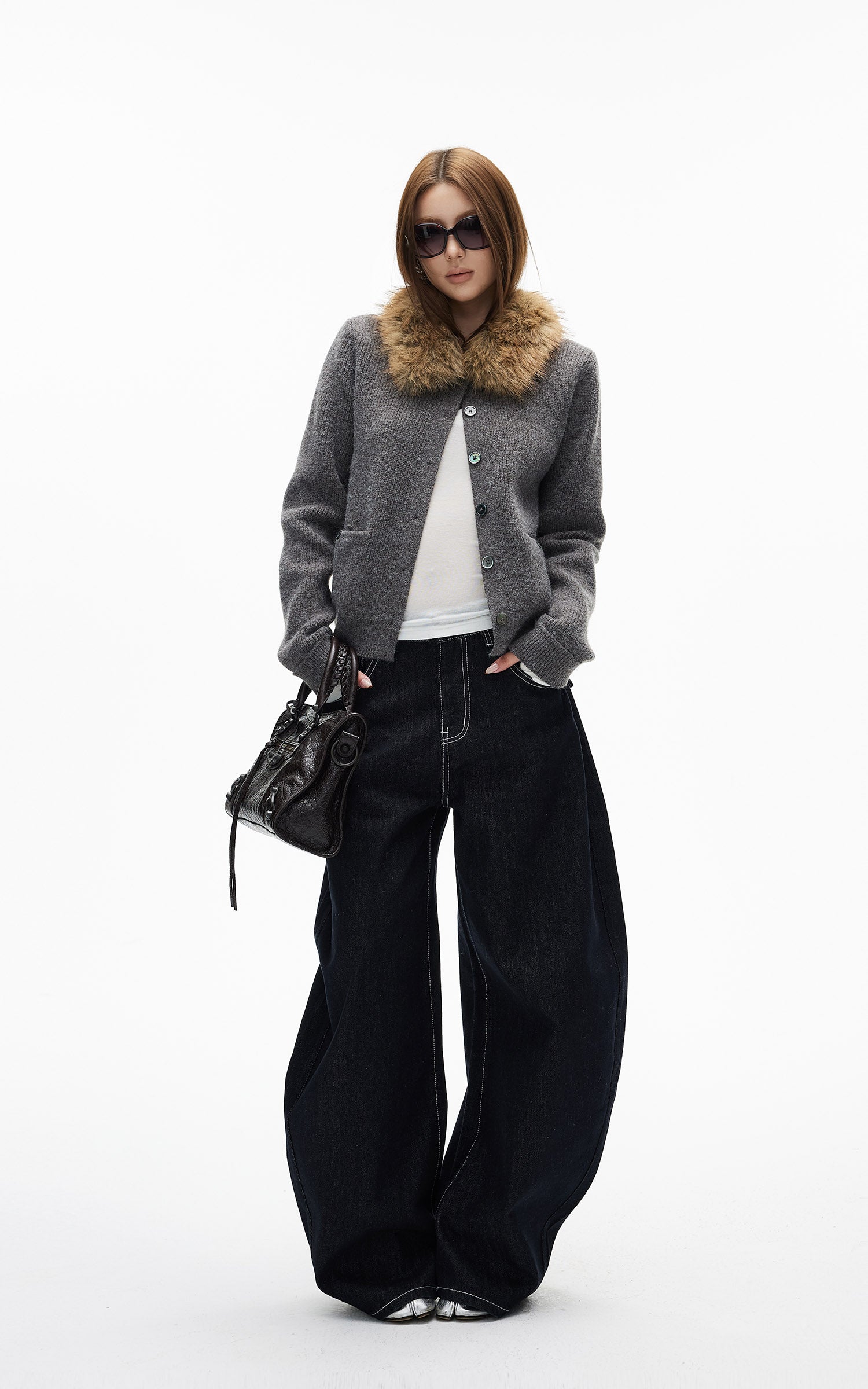 IAMXIAA 페이크 퍼 칼라 울 느낌 니트 가디건