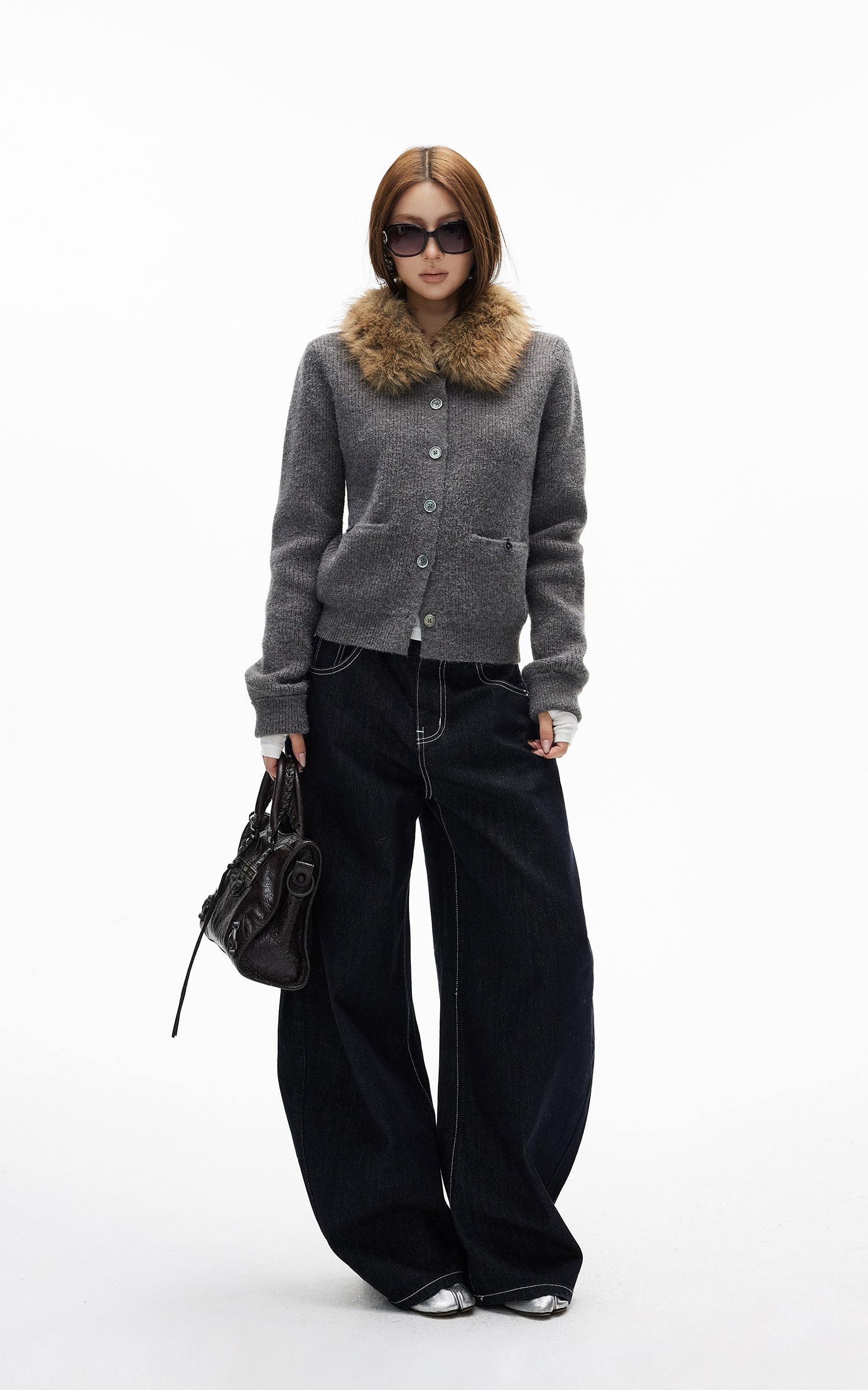 IAMXIAA 페이크 퍼 칼라 울 느낌 니트 가디건