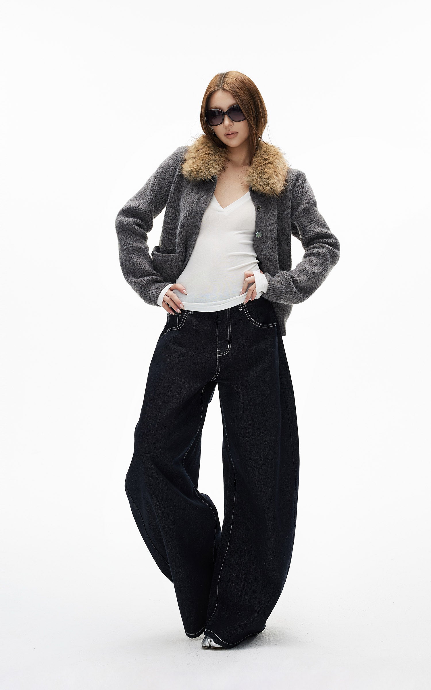 IAMXIAA 페이크 퍼 칼라 울 느낌 니트 가디건