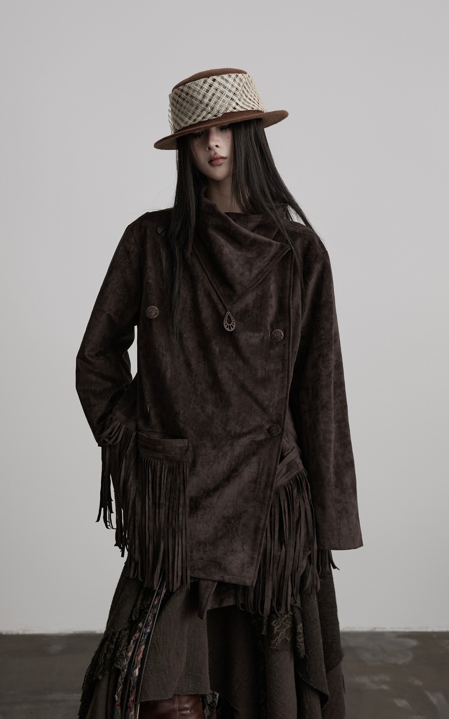 DOINDULGE Asymmetric Fringe-Trim Textured Jacket