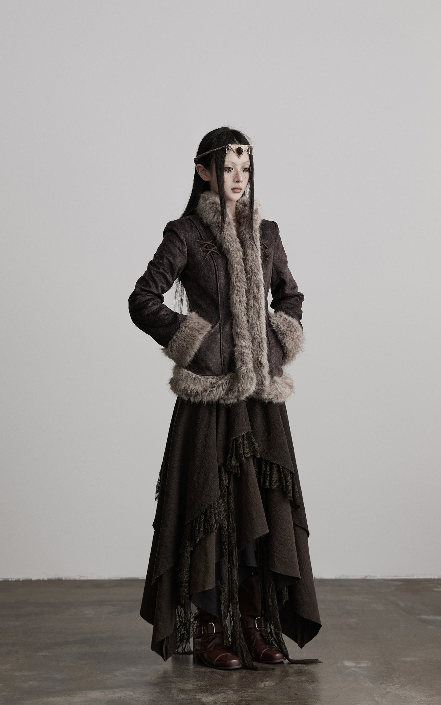 DOINDULGE Faux Fur-Trim Textured Jacket with Cross-Lace Details
