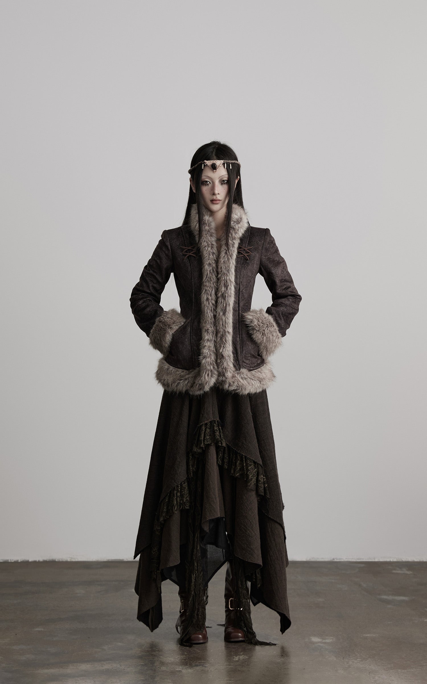 DOINDULGE Faux Fur-Trim Textured Jacket with Cross-Lace Details