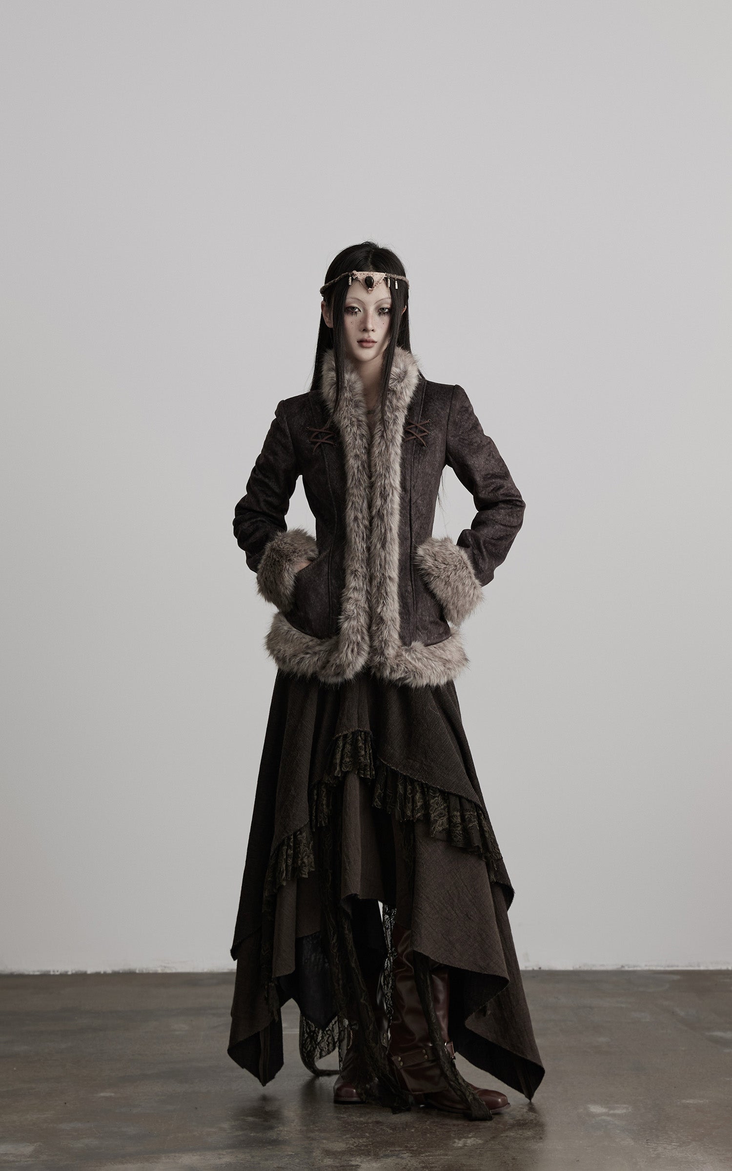 DOINDULGE Faux Fur-Trim Textured Jacket with Cross-Lace Details