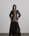 DOINDULGE Faux Fur-Trim Textured Jacket with Cross-Lace Details