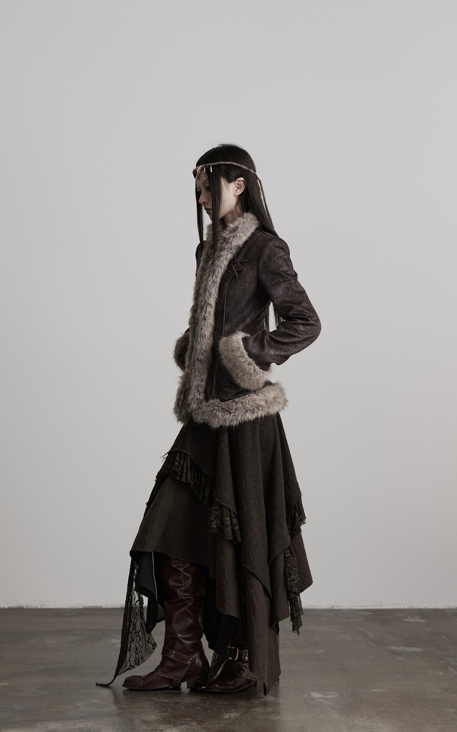 DOINDULGE Faux Fur-Trim Textured Jacket with Cross-Lace Details