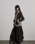 DOINDULGE Faux Fur-Trim Textured Jacket with Cross-Lace Details