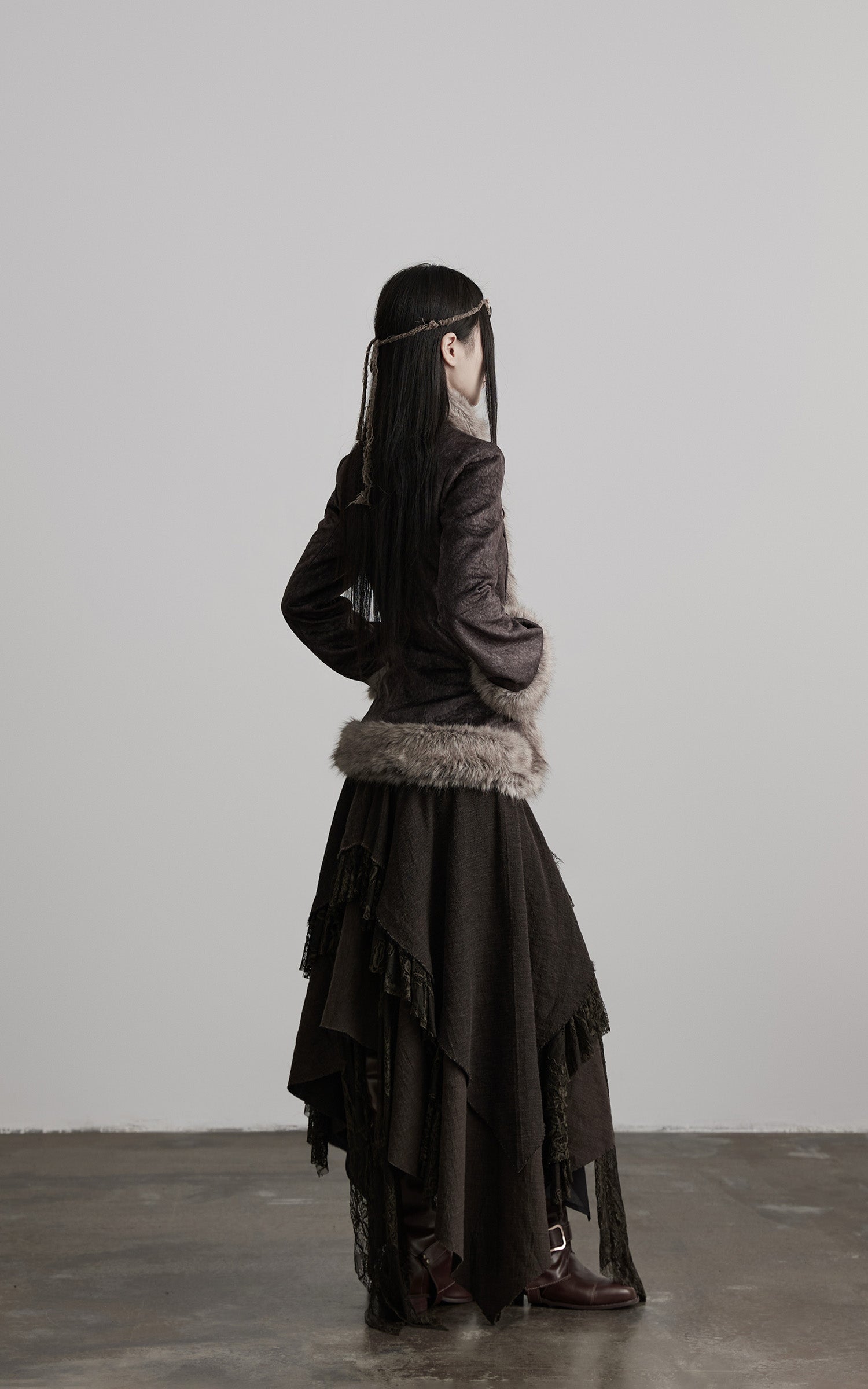 DOINDULGE Faux Fur-Trim Textured Jacket with Cross-Lace Details