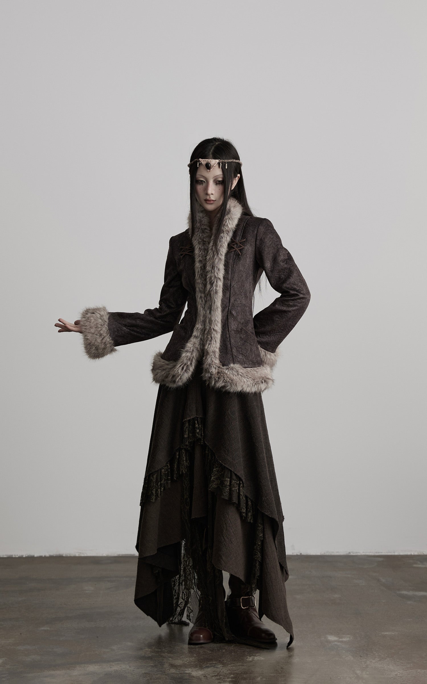 DOINDULGE Faux Fur-Trim Textured Jacket with Cross-Lace Details