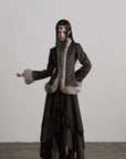 DOINDULGE Faux Fur-Trim Textured Jacket with Cross-Lace Details